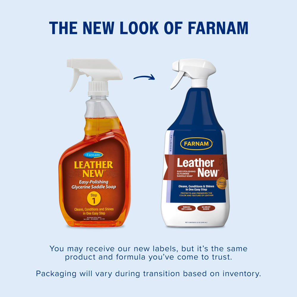 Farnam Leather New Easy-Polishing Saddle Soap label shows spray-ready cleaning and protection.