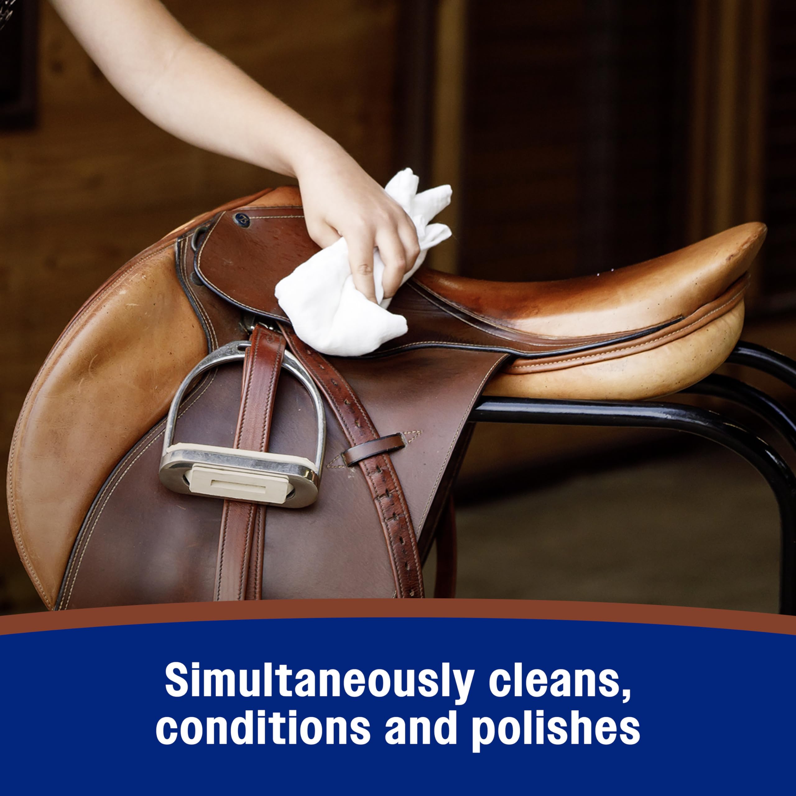 Soft cloth applying Farnam Saddle Soap for simple, single-step care.