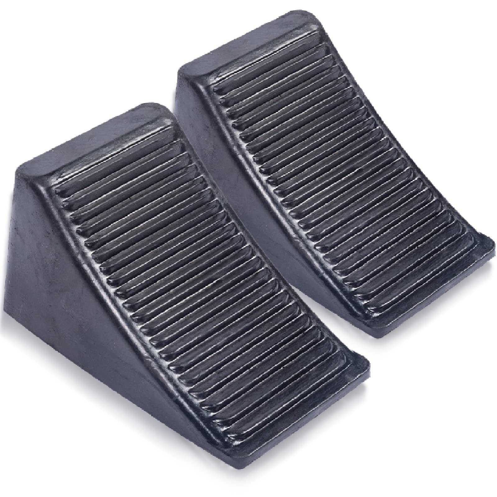 Fasmov two-pack solid rubber wheel chocks provide secure parking on uneven surfaces.