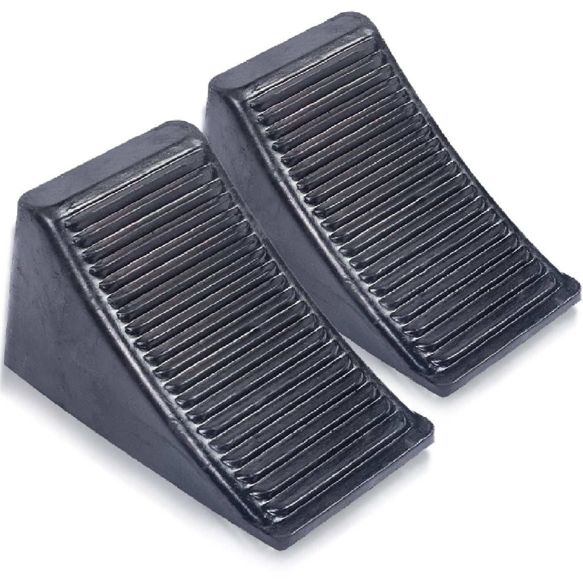 Fasmov two-pack solid rubber wheel chocks provide secure parking on uneven surfaces.