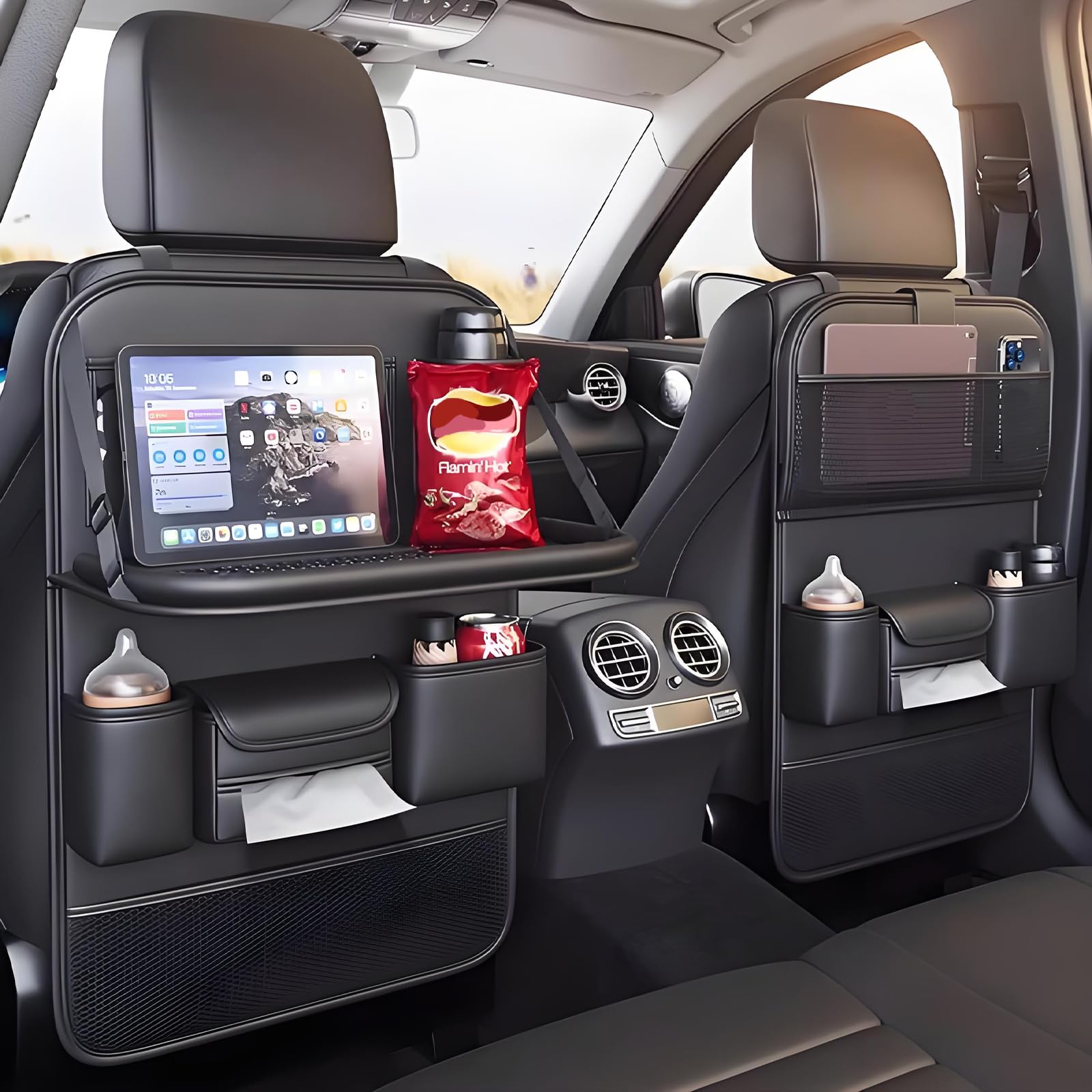 FASTAGEI backseat organizer with foldable tray keeps snacks and toys organized on trips.