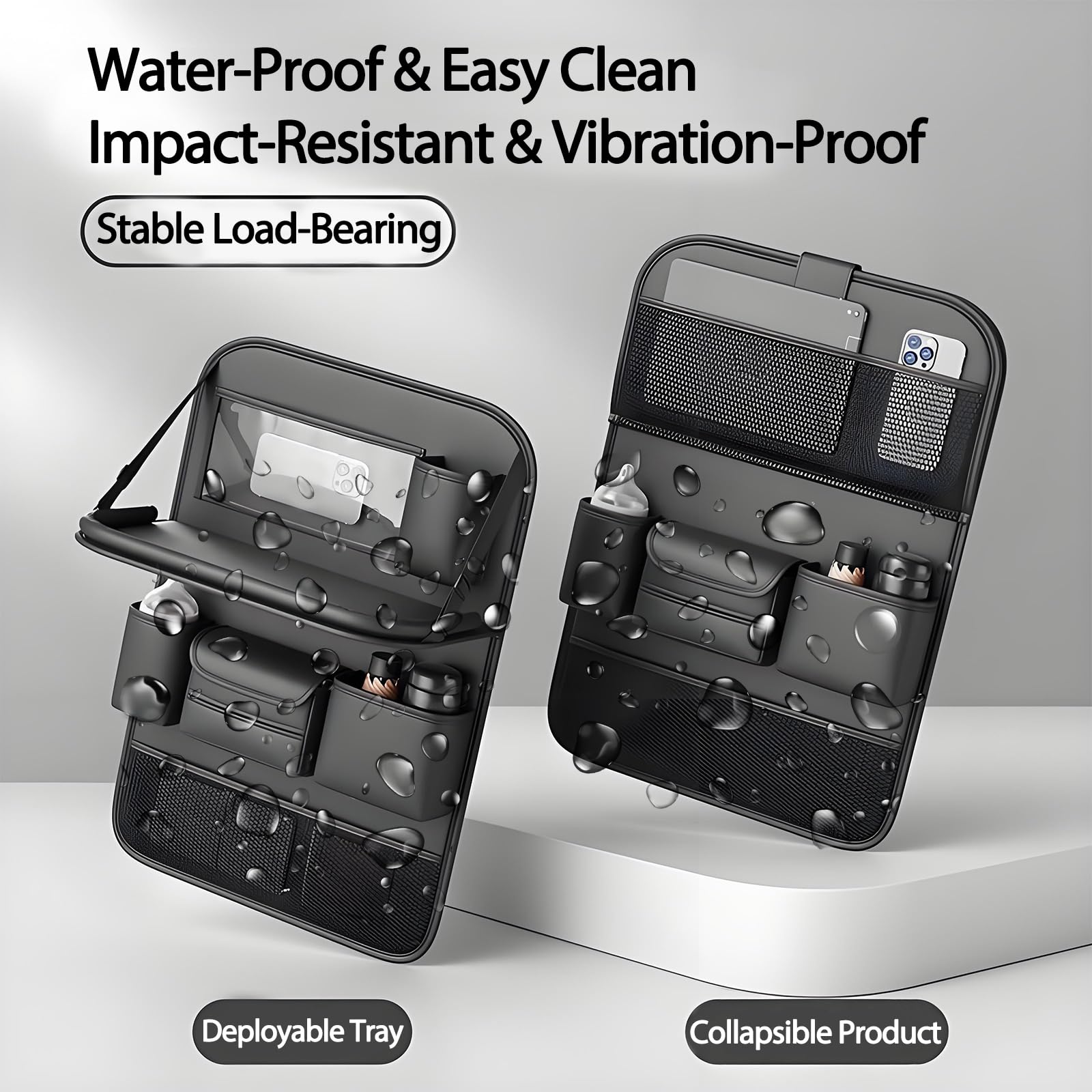 FASTAGEI backseat organizer shows multiple pockets for toys, books, and devices.