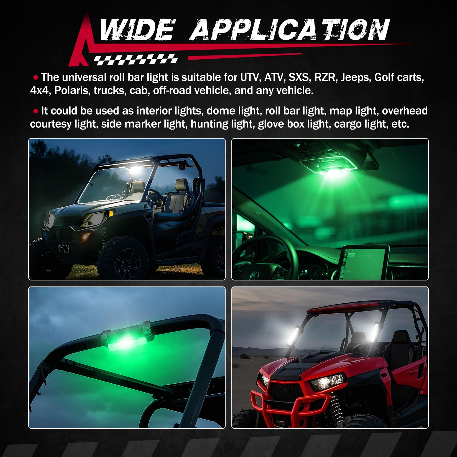 Fastchoy Auto roll-bar mount dome light installs easily on UTVs and Jeeps.