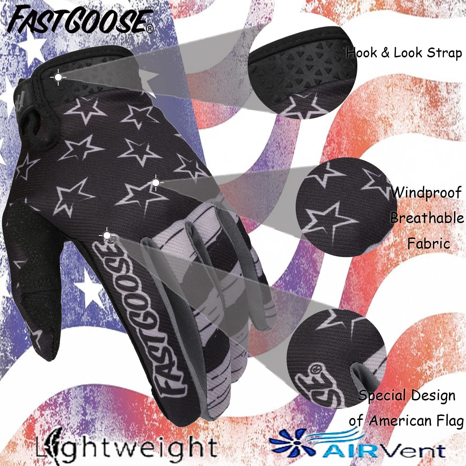 FASTGOOSE gloves with stretchy fabric for a flexible, snug fit during rides.