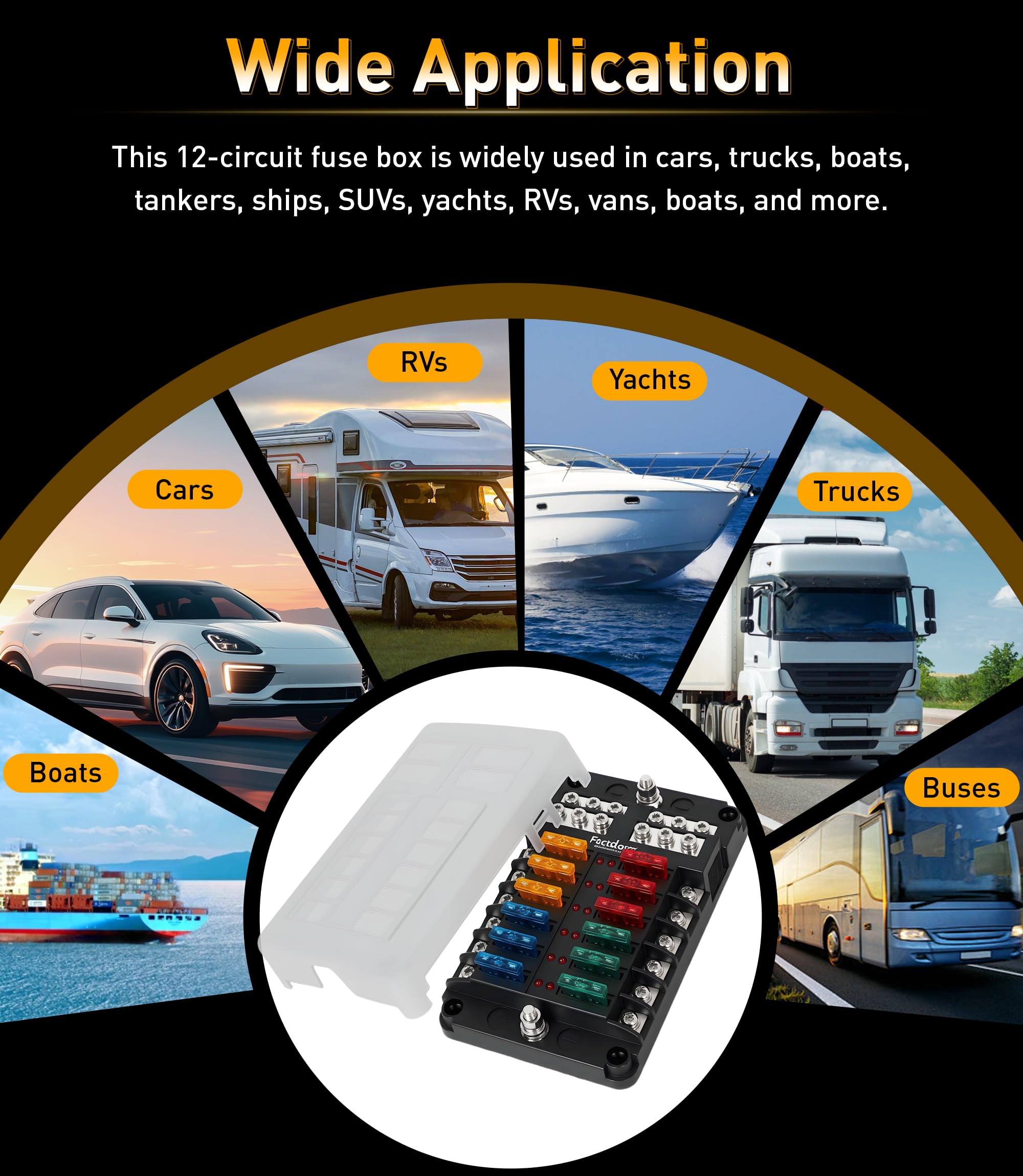 FASTSTORM fuse block for cars, boats, RVs, and golf carts shows universal applicability.
