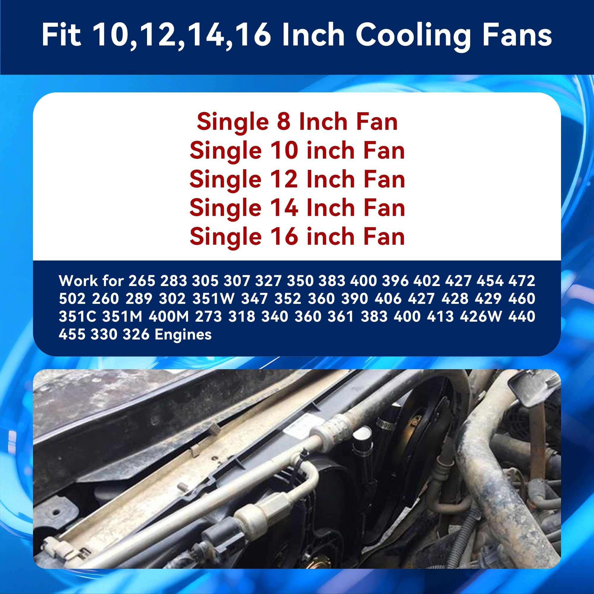 FASTSTORM temperature switch showing precise 200°F on and 185°F off settings for single‑fan cooling.