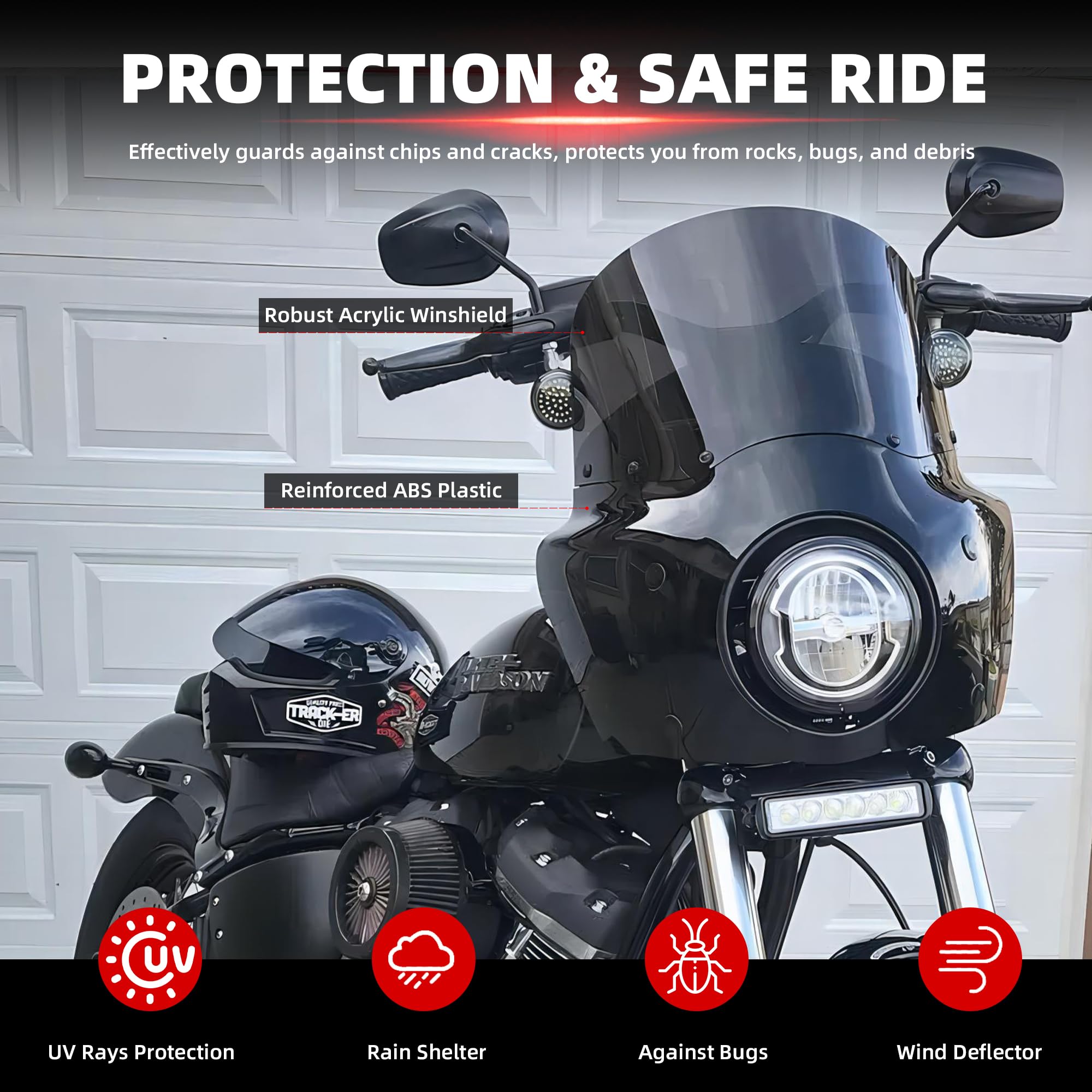 FATECIM 11 inch smoked windshield reduces glare for comfortable rides.