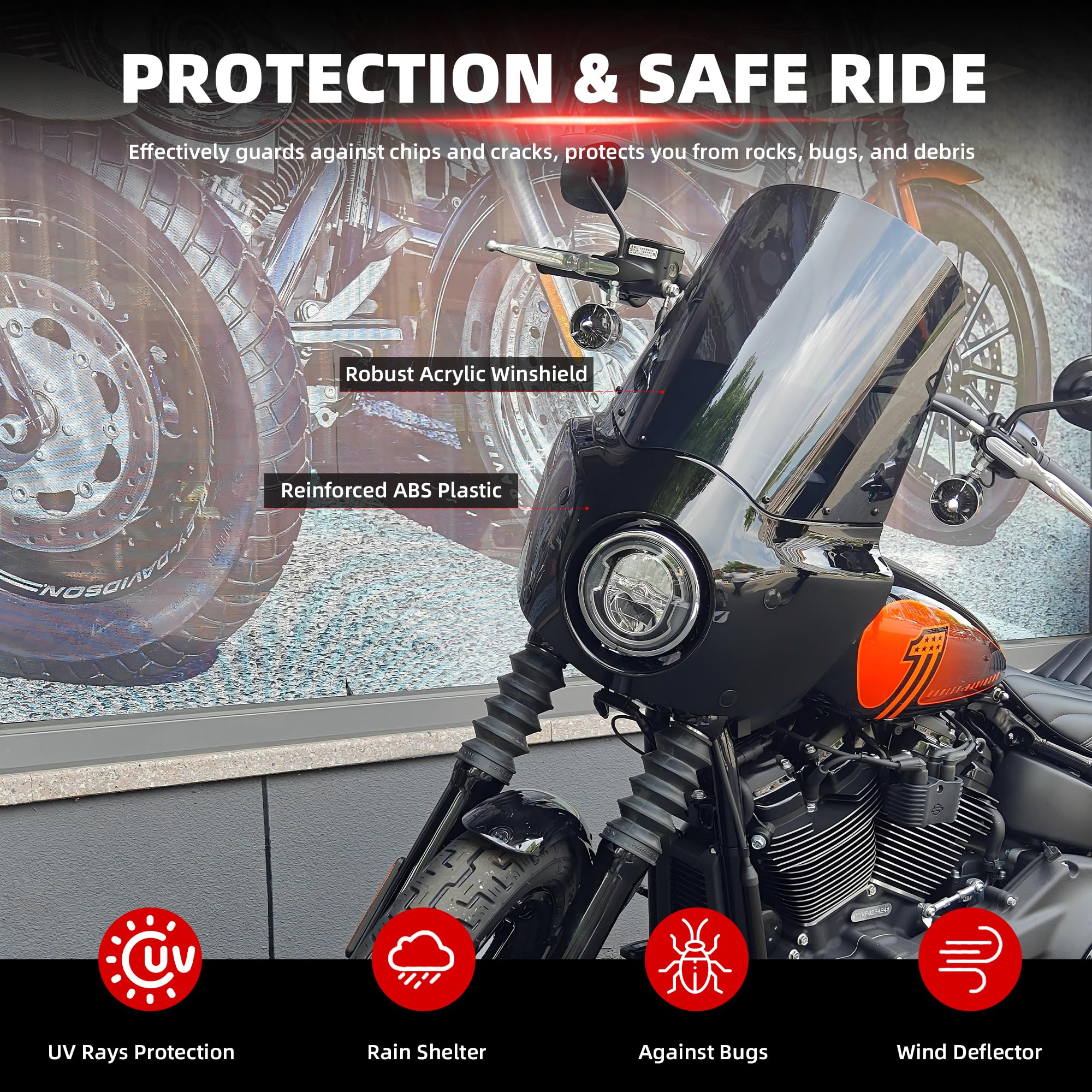 FATECIM 15 inch smoke windshield adds visibility and a bold look for Harley