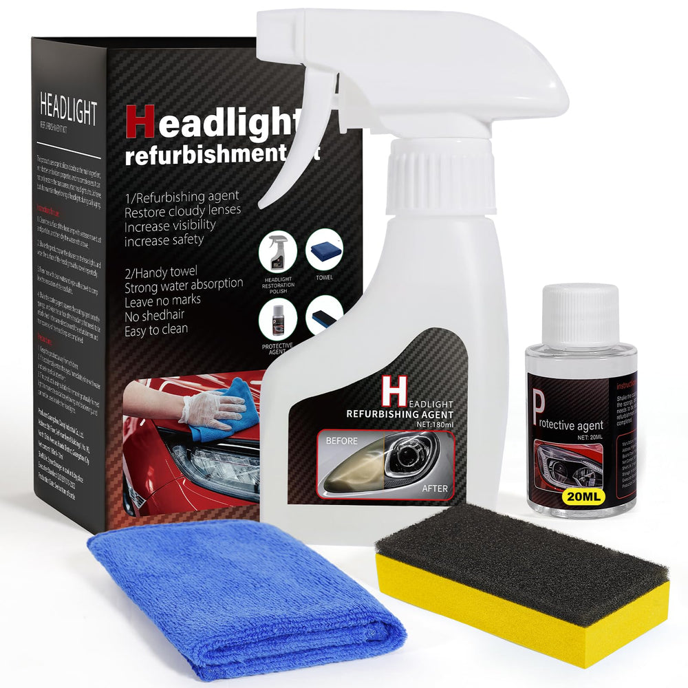 FAVIRZCE headlight restoration kit overview shows polished lens and packaging.