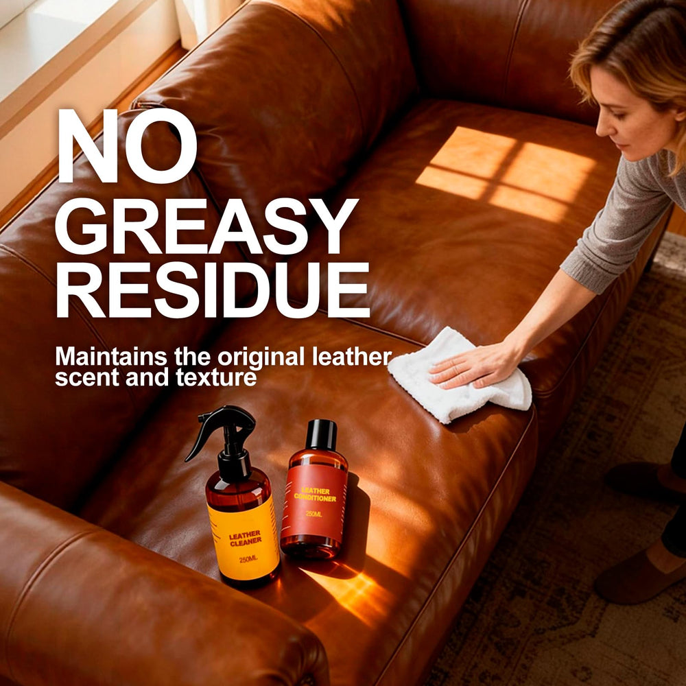 FAVIRZCE leather sofa restoration scene showing softened, renewed texture.