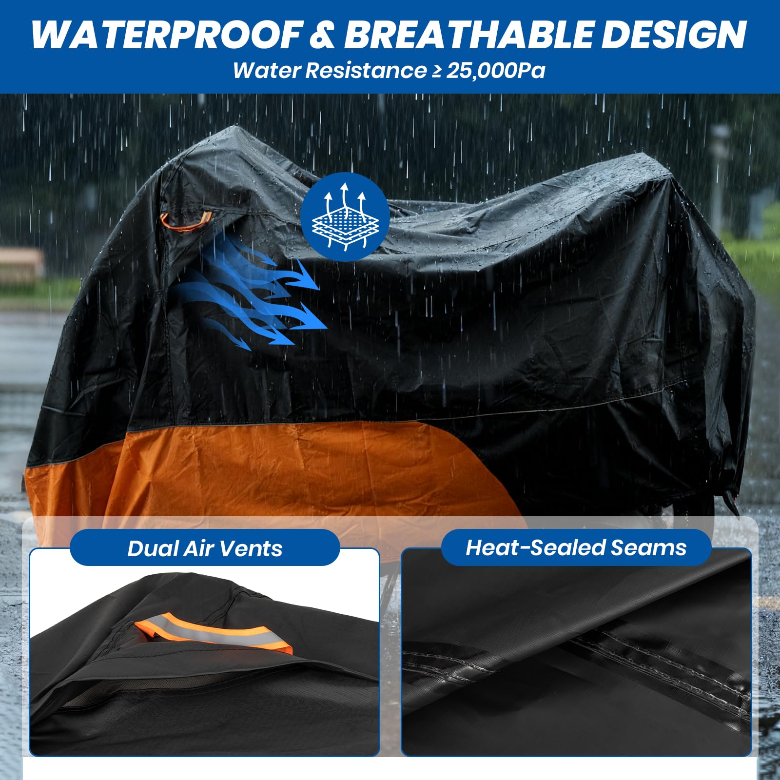 Favoto cover with waterproof seams demonstrates rain protection and durability.