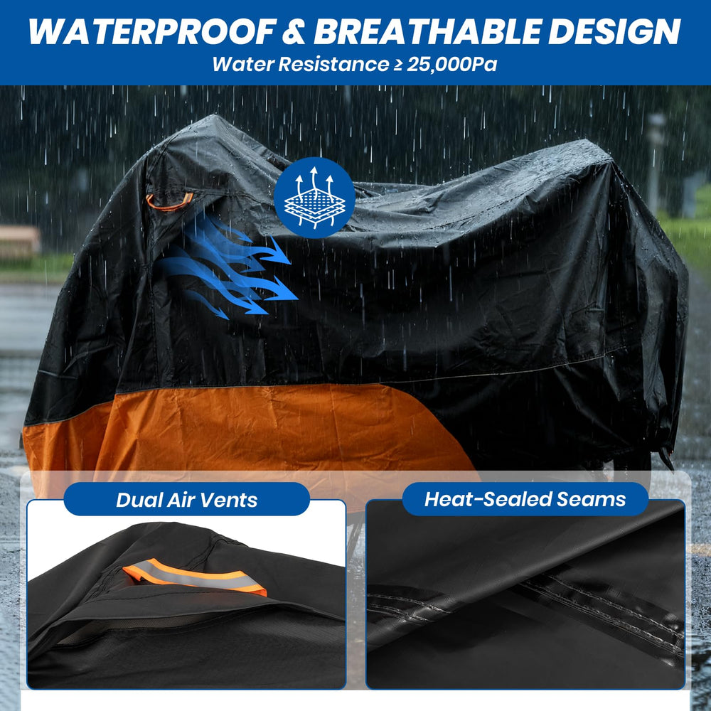 Favoto motorcycle cover uses 420D Oxford fabric for sturdy, lightweight protection.