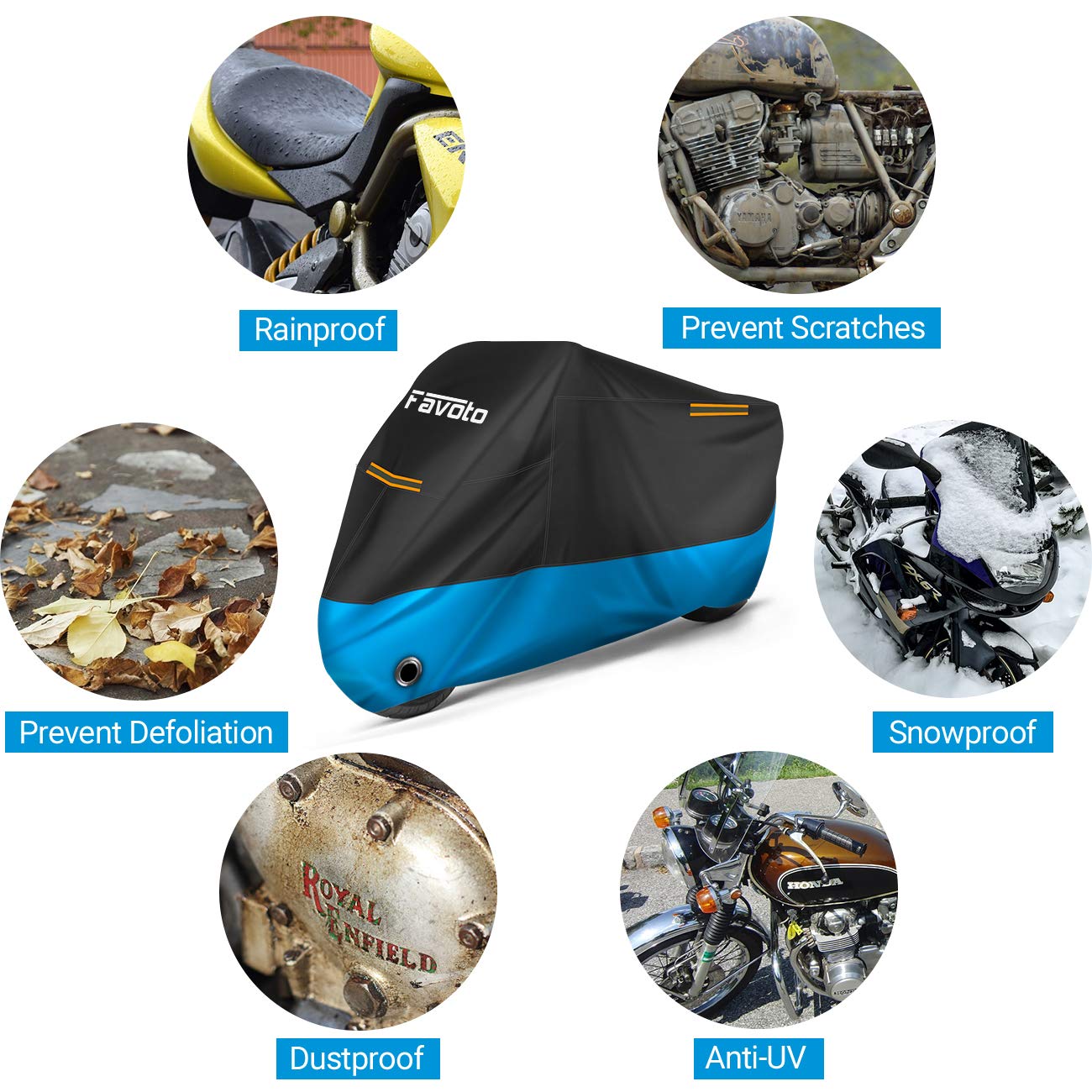 Favoto motorcycle cover ships with a storage bag for neat storage.