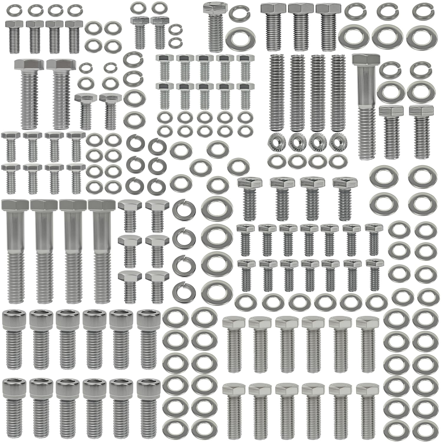 FBSCTMH 304 stainless small-block bolt kit close-up showing rust-resistant hardware for Chevy engines.