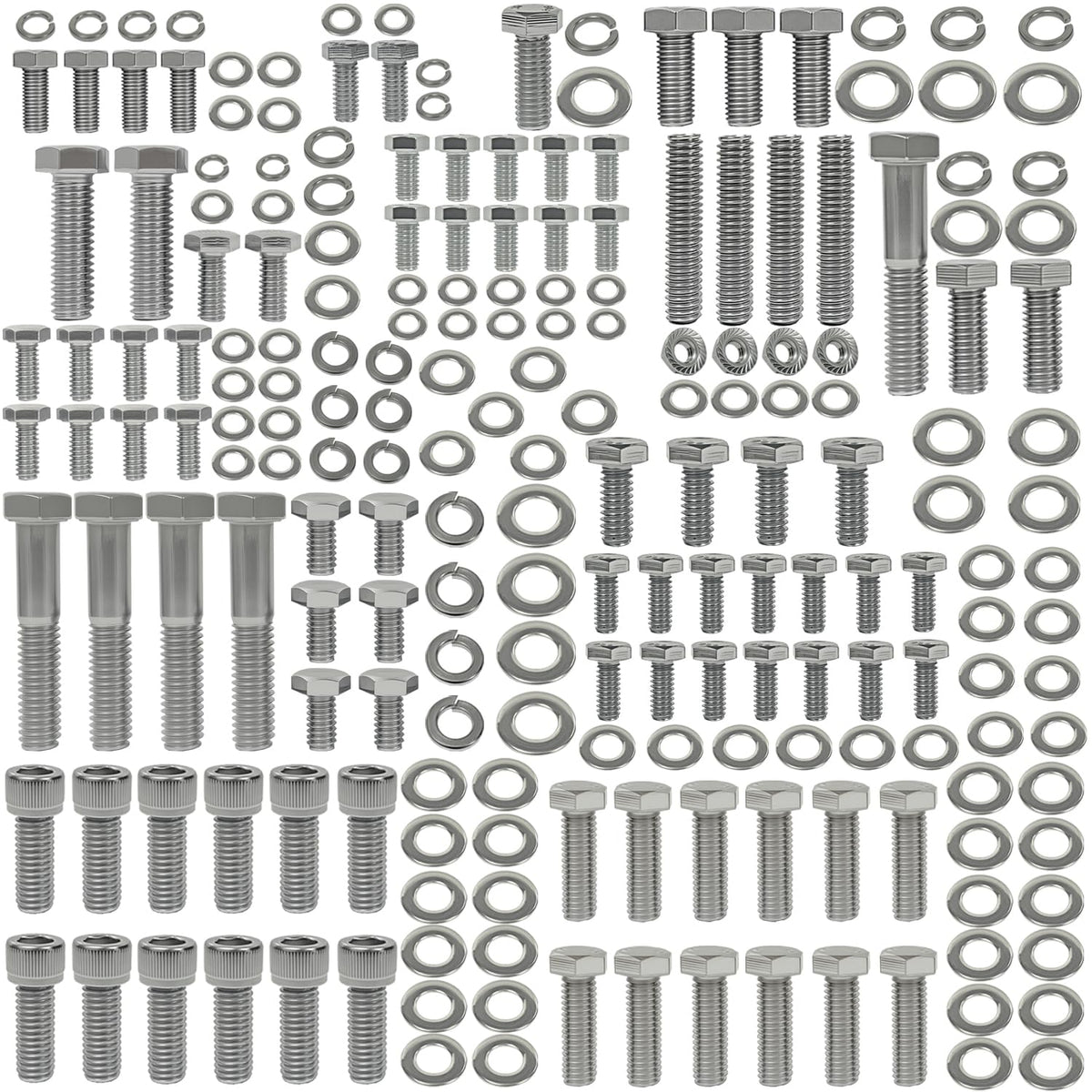 FBSCTMH 304 stainless small-block bolt kit close-up showing rust-resistant hardware for Chevy engines.