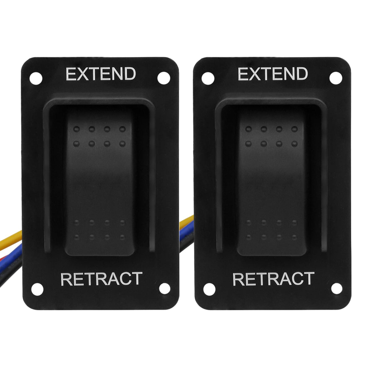 FBULWSEC 387874 RV electric stabilizer switch front view shows EXTEND and RETRACT labels for easy use.