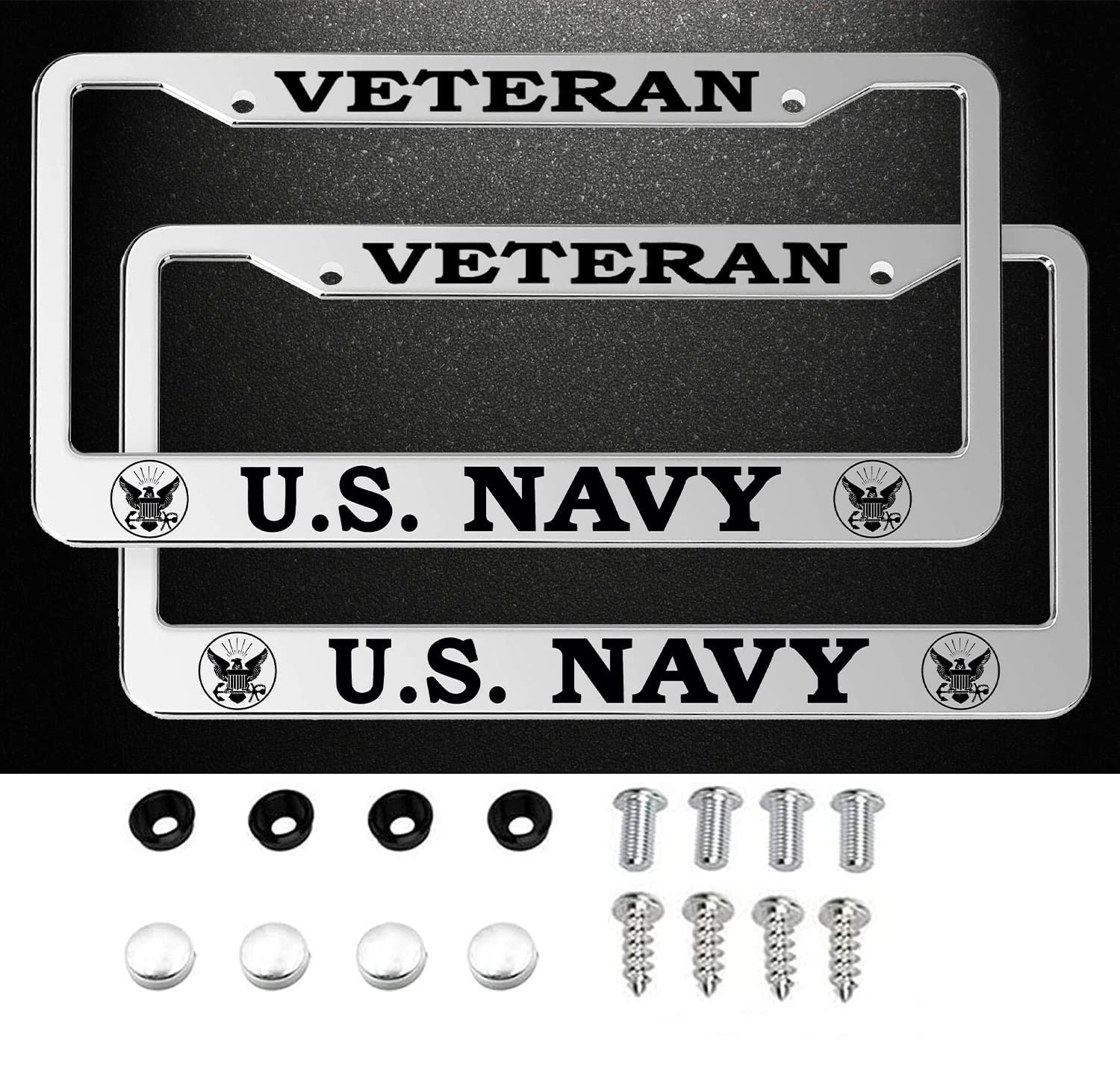 FDCHTUNGS US Navy veteran license plate frames in silver for durable mounting.