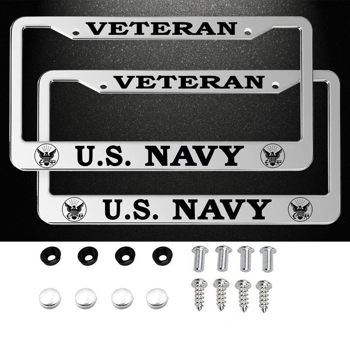 FDCHTUNGS US Navy veteran license plate frames in silver for durable mounting.