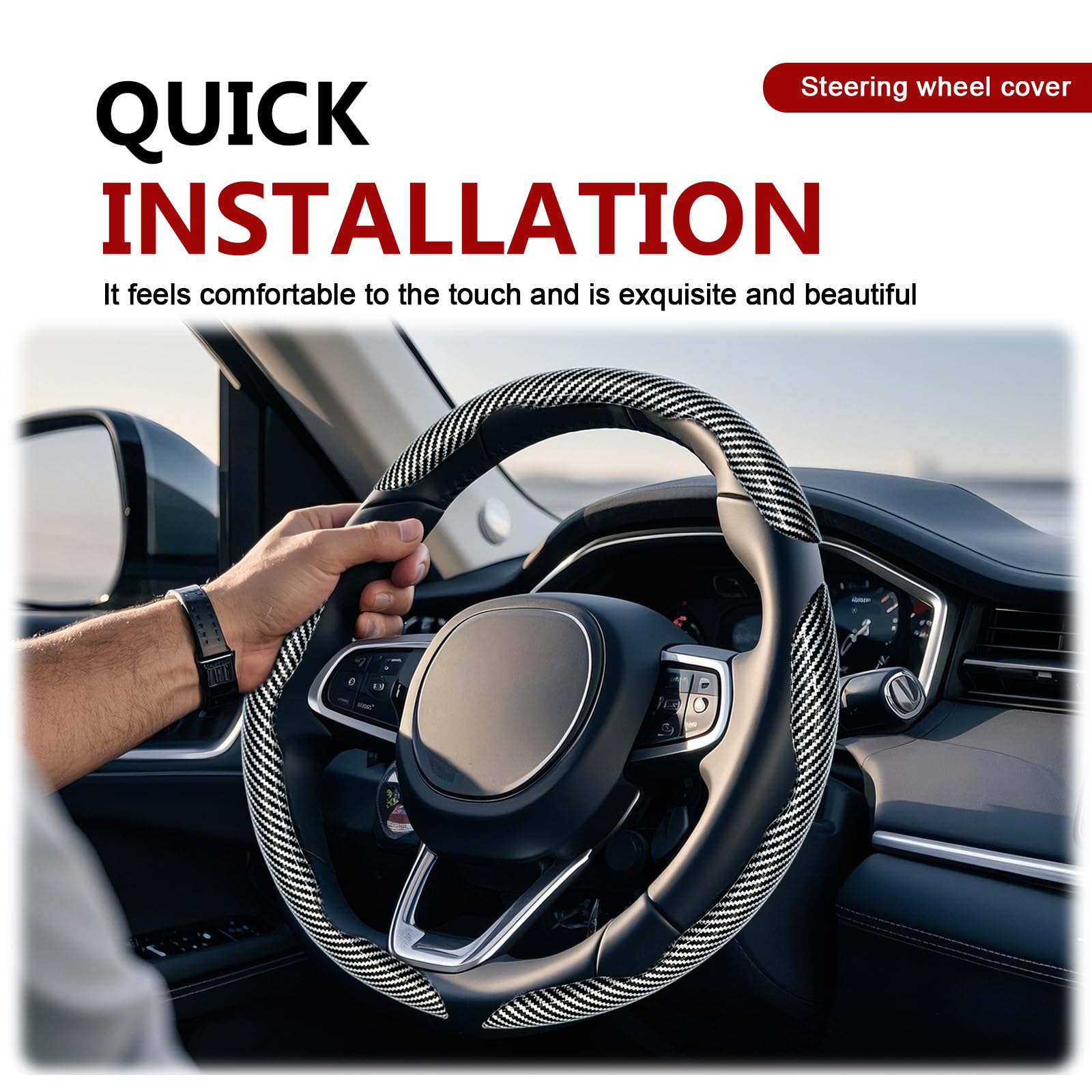 FDCTSD car interior with steering wheel cover illustrating universal 99% fit