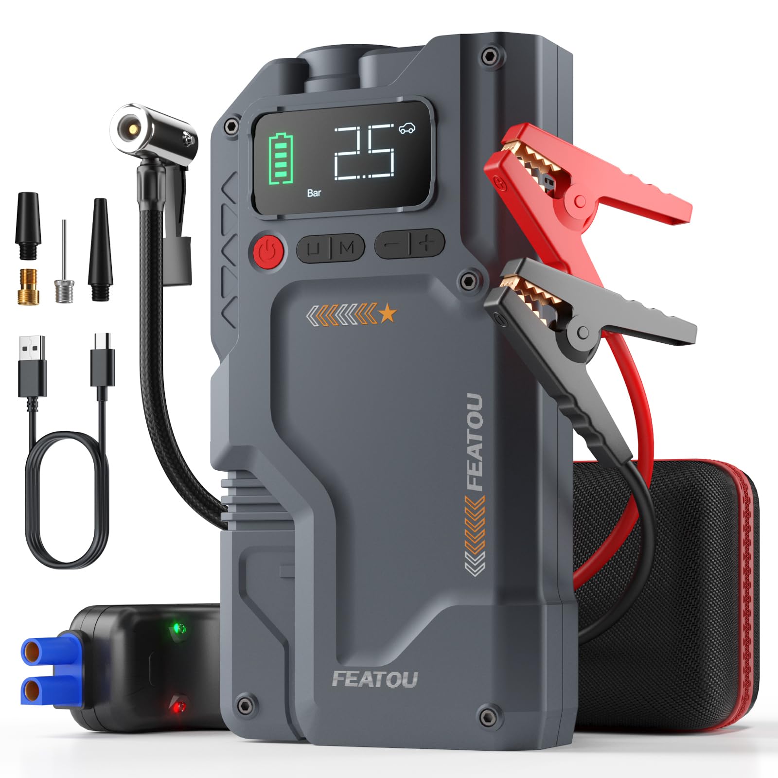Featou Jump Starter with Air Compressor displaying 150 PSI for car tires