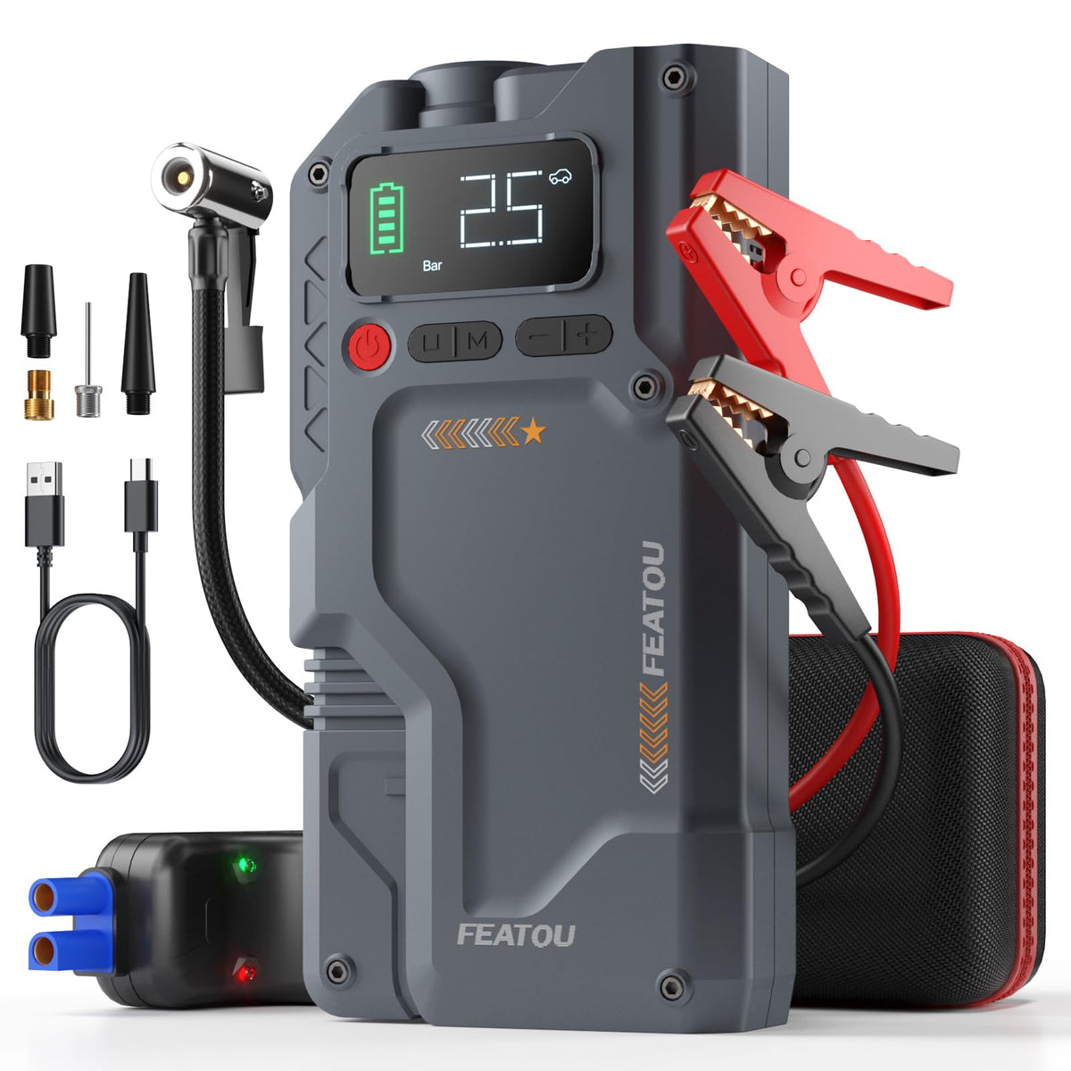 Featou Jump Starter with Air Compressor displaying 150 PSI for car tires