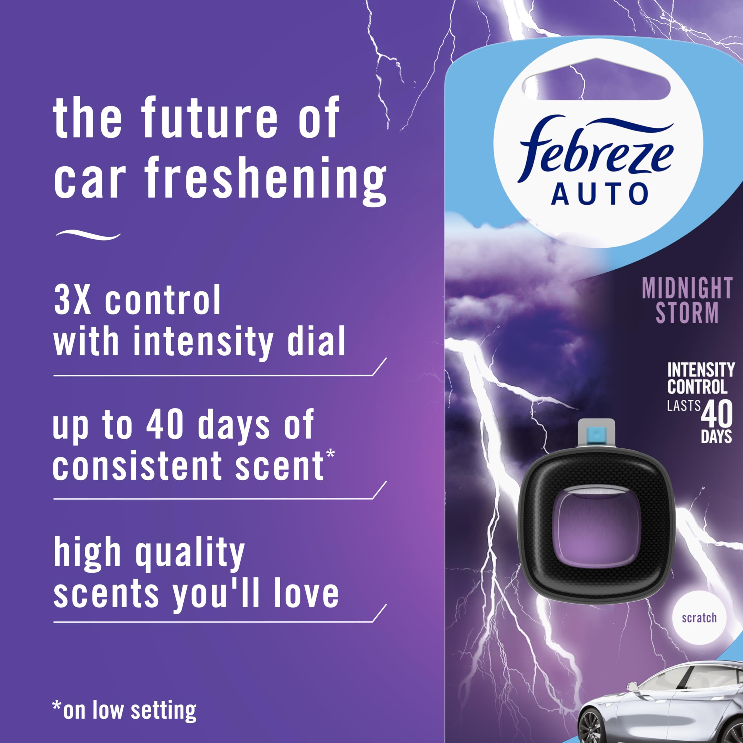 Febreze Auto Midnight Storm canister ready to freshen the car interior.