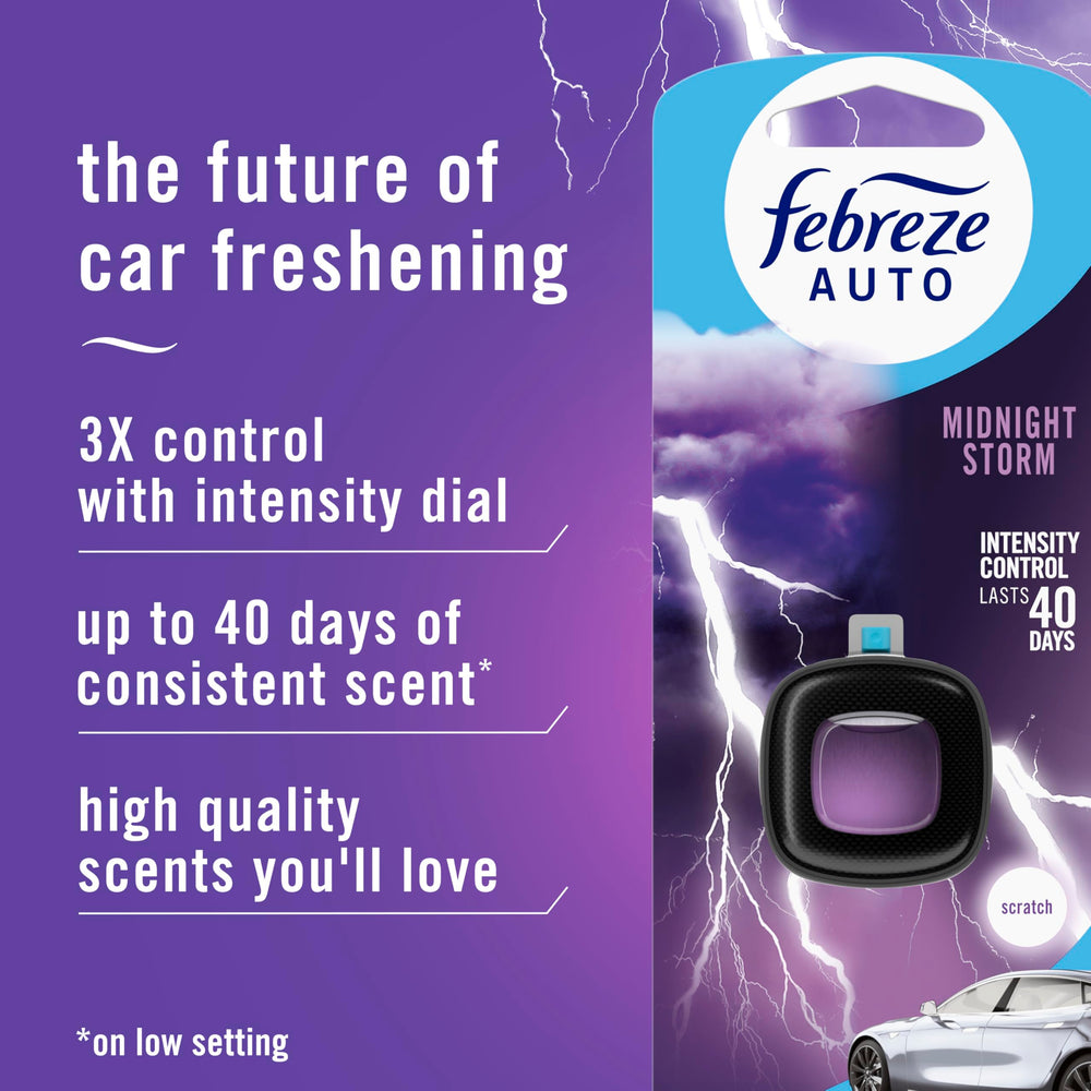 Febreze Auto Midnight Storm canister ready to freshen the car interior.