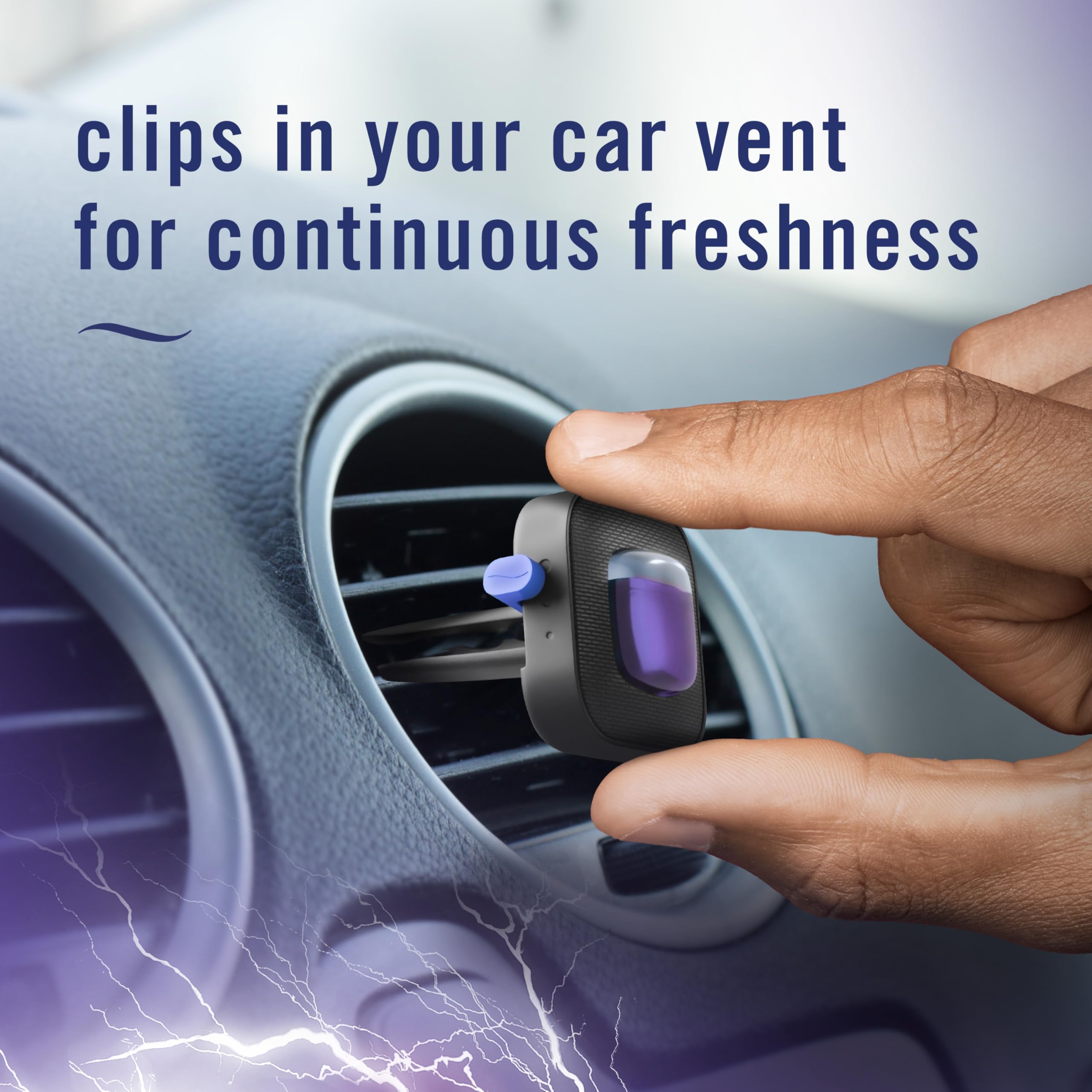 Febreze Auto Midnight Storm odor-fighting action freshens the vehicle interior.