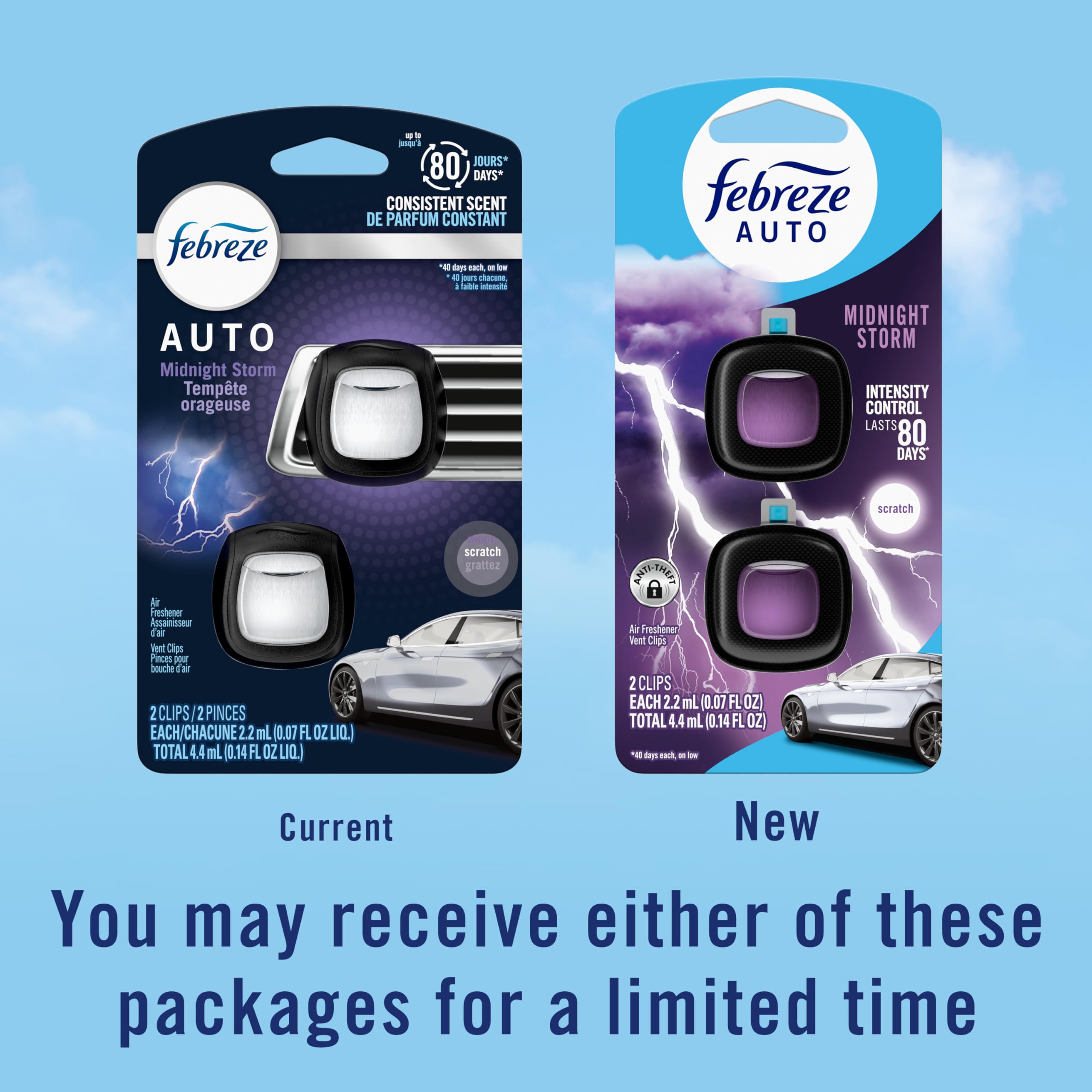 Febreze Auto Midnight Storm packaging highlights a long-lasting fragrance window.