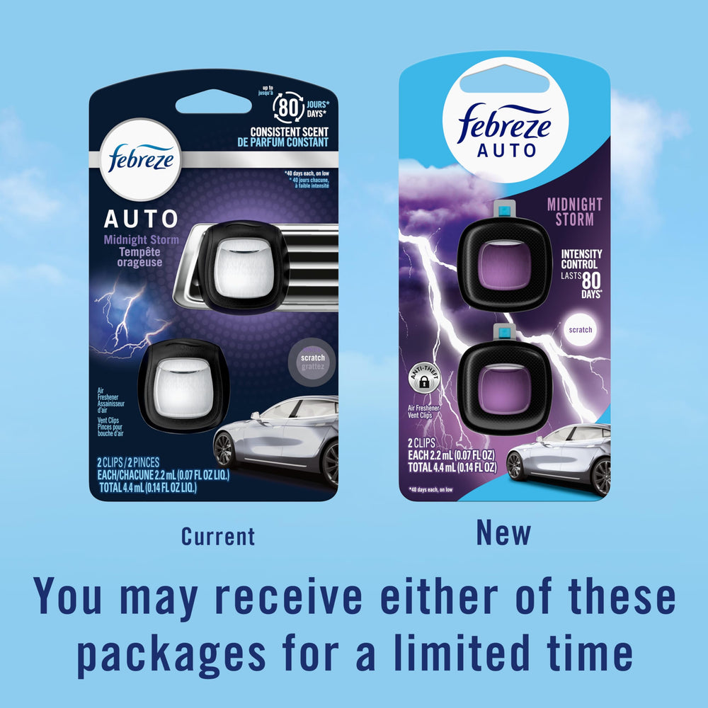 Febreze Auto Midnight Storm packaging highlights a long-lasting fragrance window.