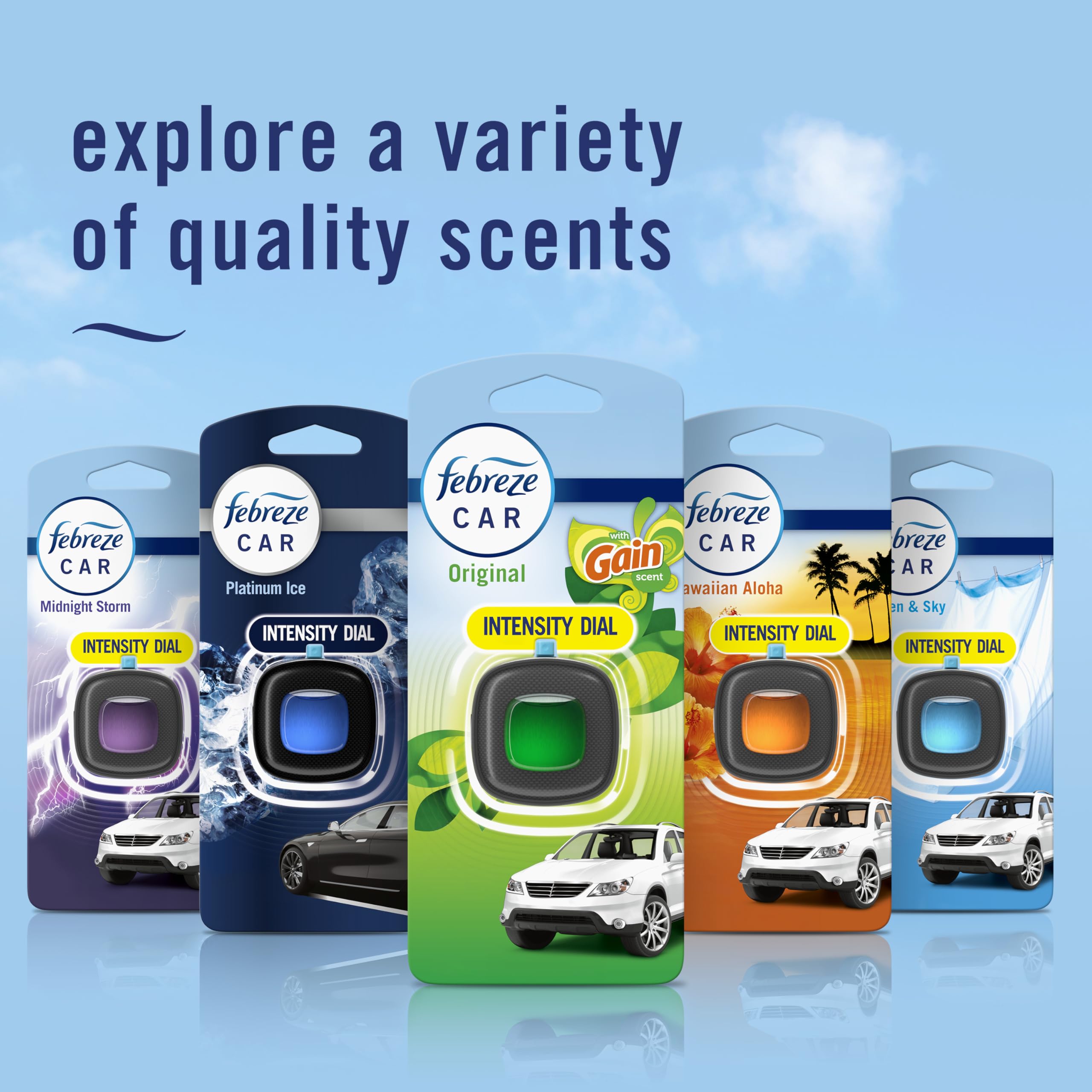 Febreze car-odor-control packaging is compact for on-the-go refreshment.