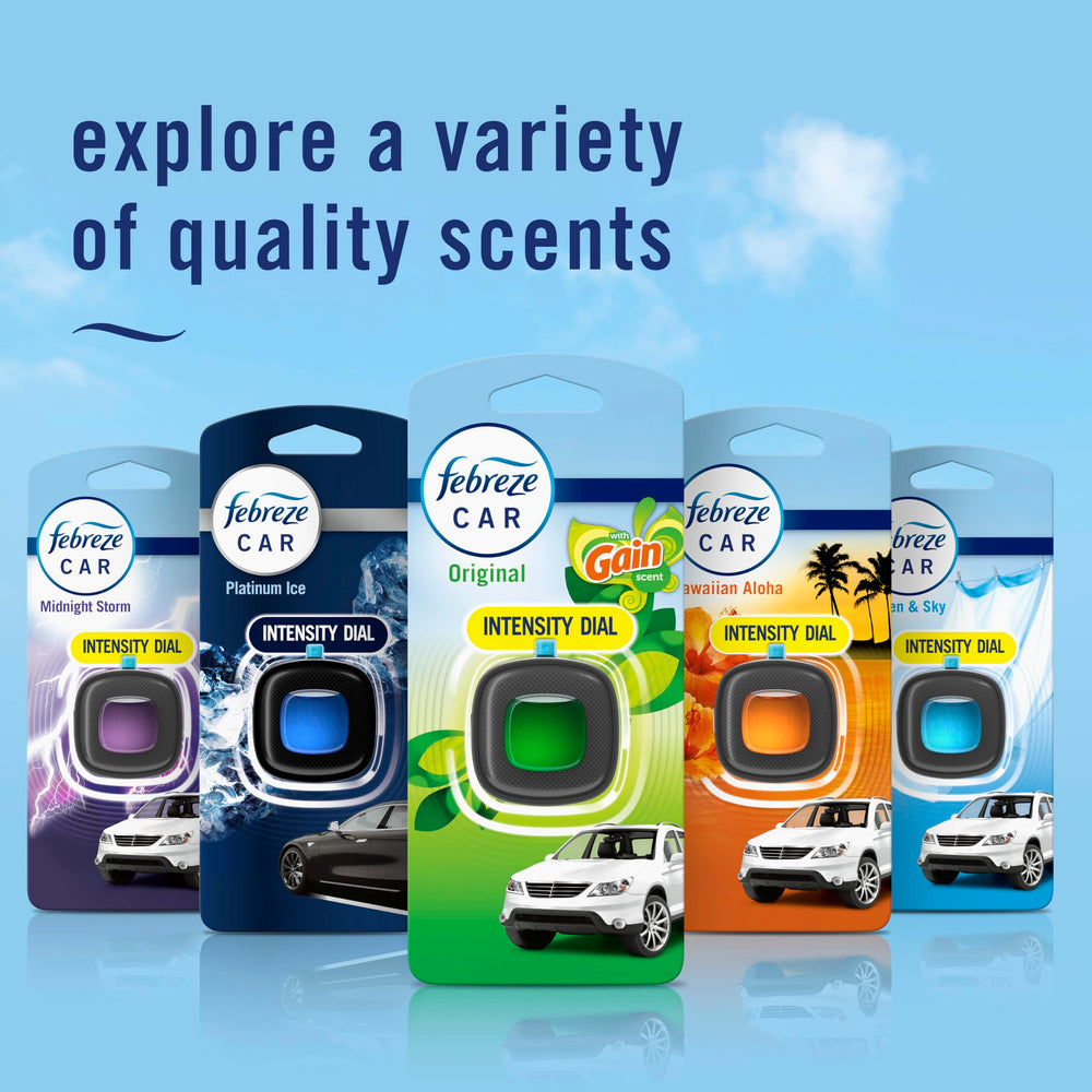 Febreze car-odor-control packaging is compact for on-the-go refreshment.