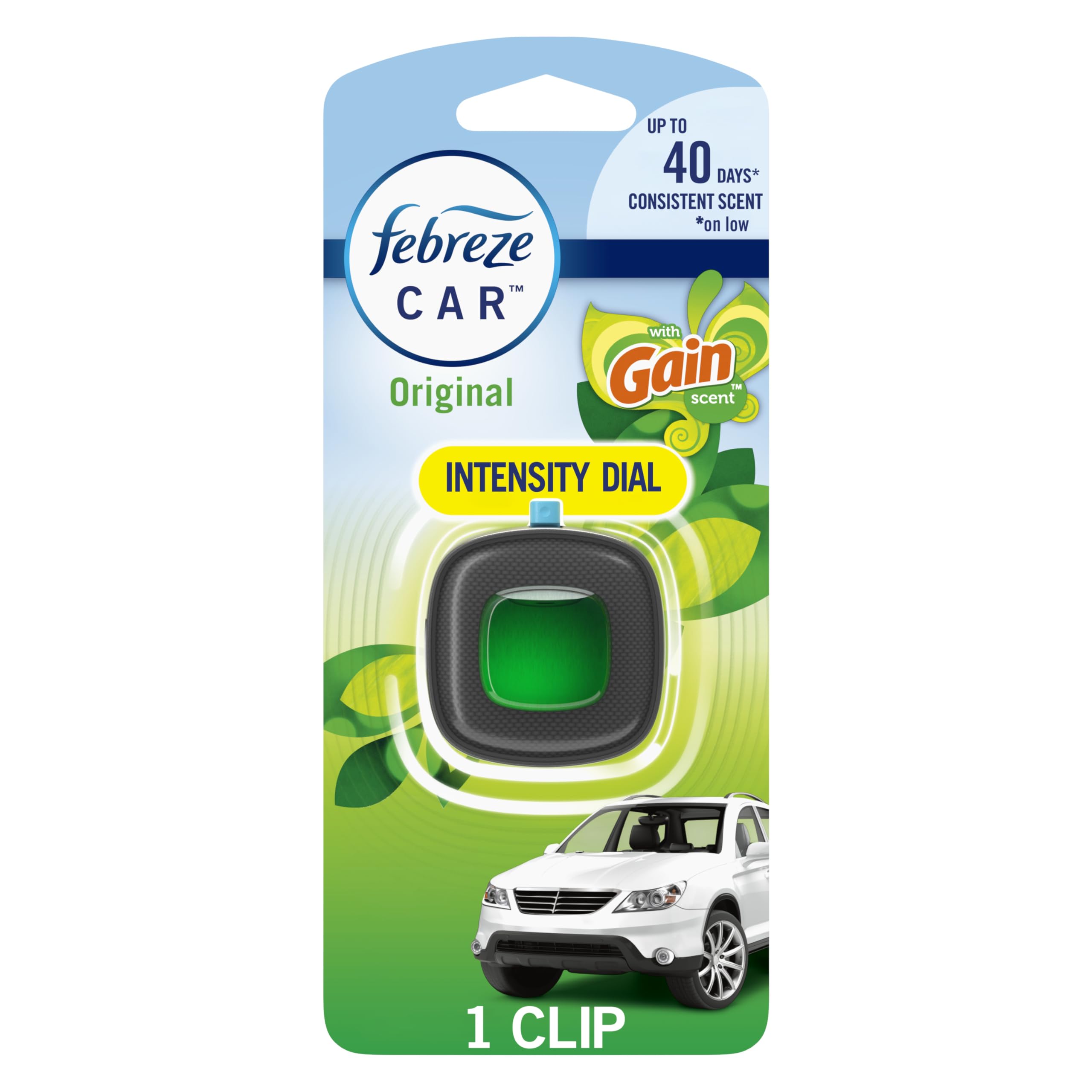 Febreze car vent clip activation click helps release Gain Original scent for fresh rides.