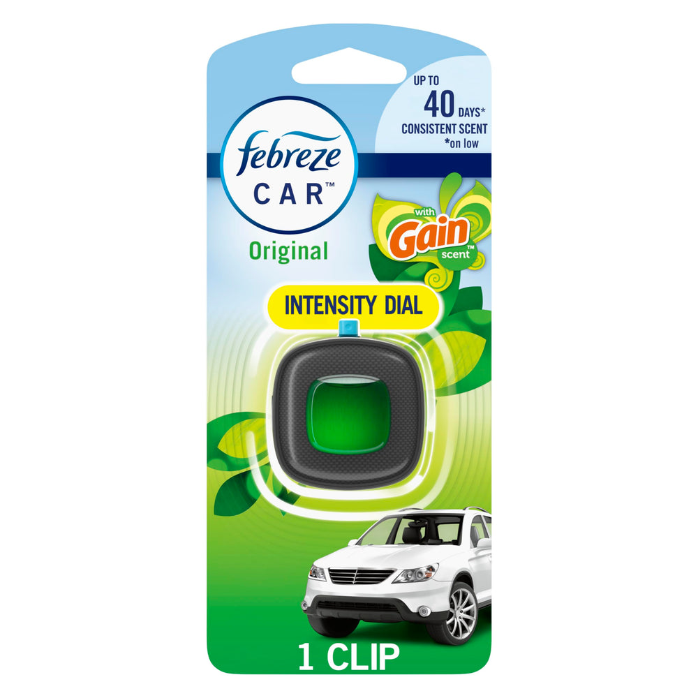 Febreze car vent clip activation click helps release Gain Original scent for fresh rides.
