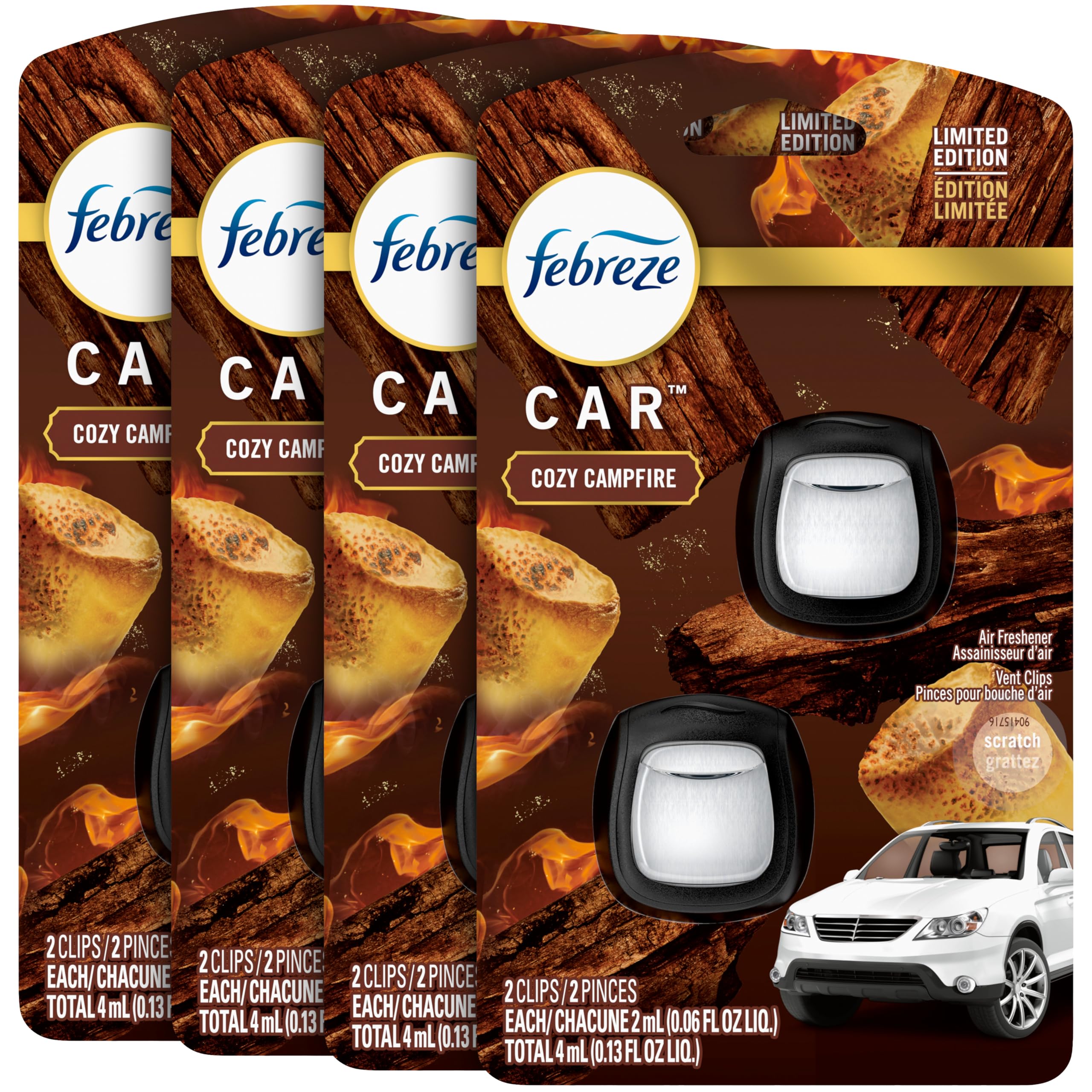 Febreze car vent clip Cozy Campfire scent on vent delivering lasting freshness.