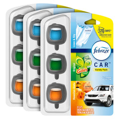 Febreze Car Vent Clip Linen and Sky enhances cabin freshness.