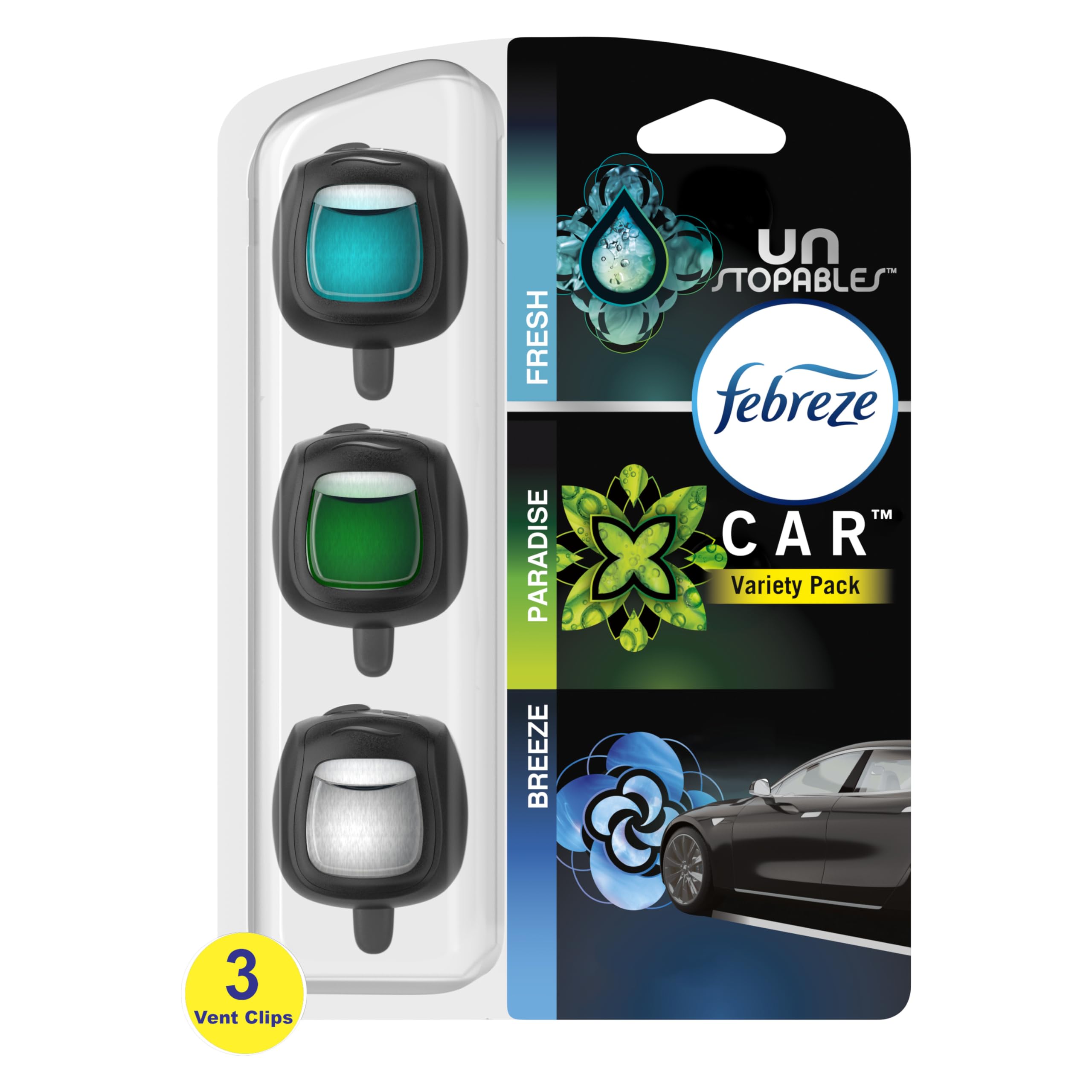 Febreze Car Vent Clip Unstopables Paradise delivers a lasting, vibrant scent in the cabin.