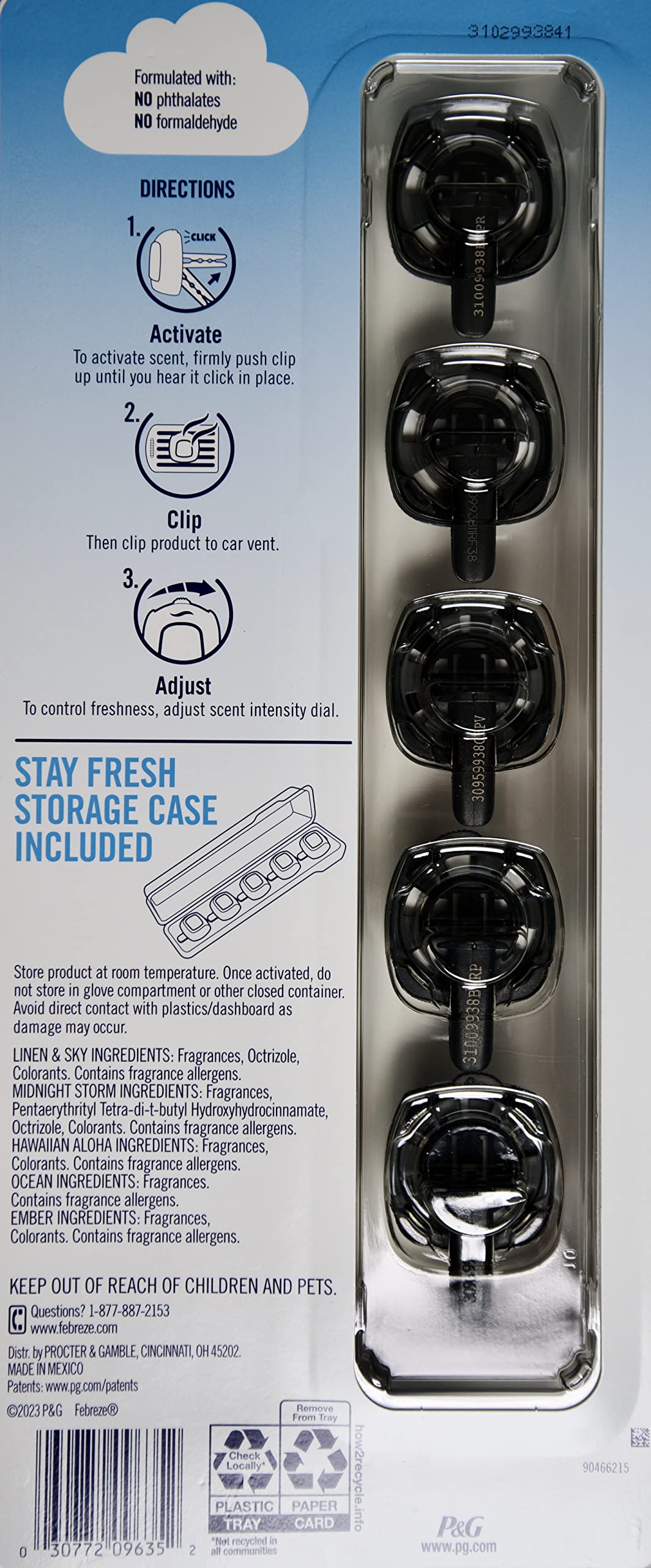 Febreze vent clips in use delivering refreshed air with adjustable scent levels.