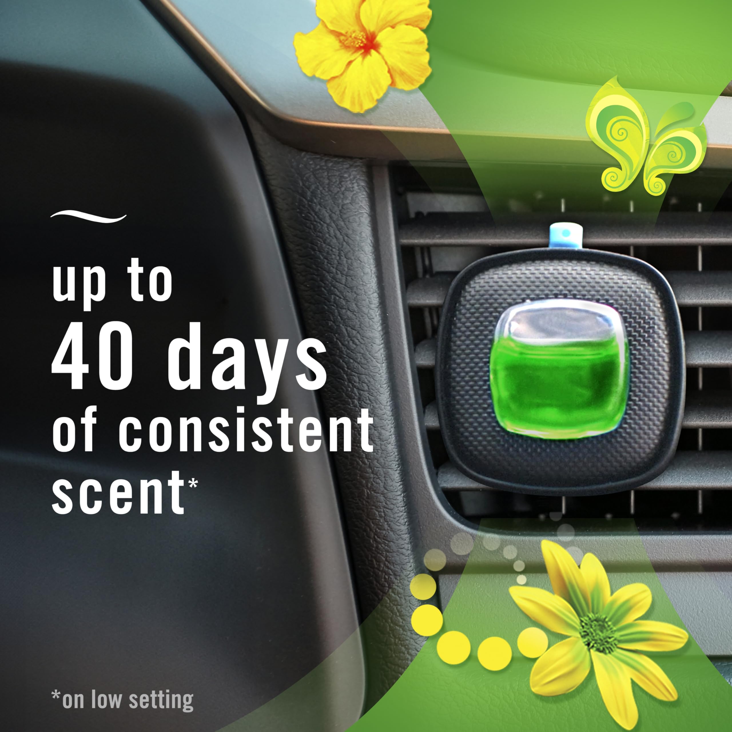 Febreze vent clip installed on your car vent provides lasting freshness.
