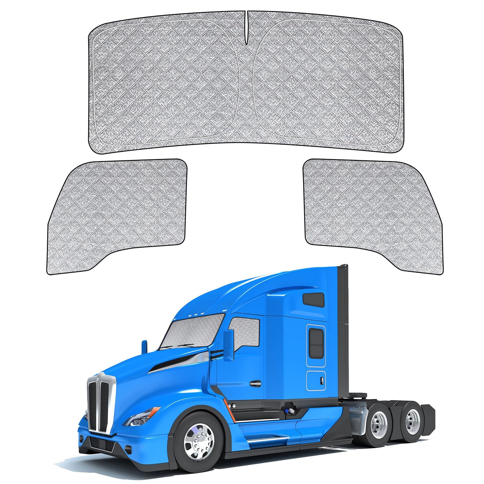 Federedevo six-layer window shade on Kenworth T680 front windshield reduces glare for comfortable driving.