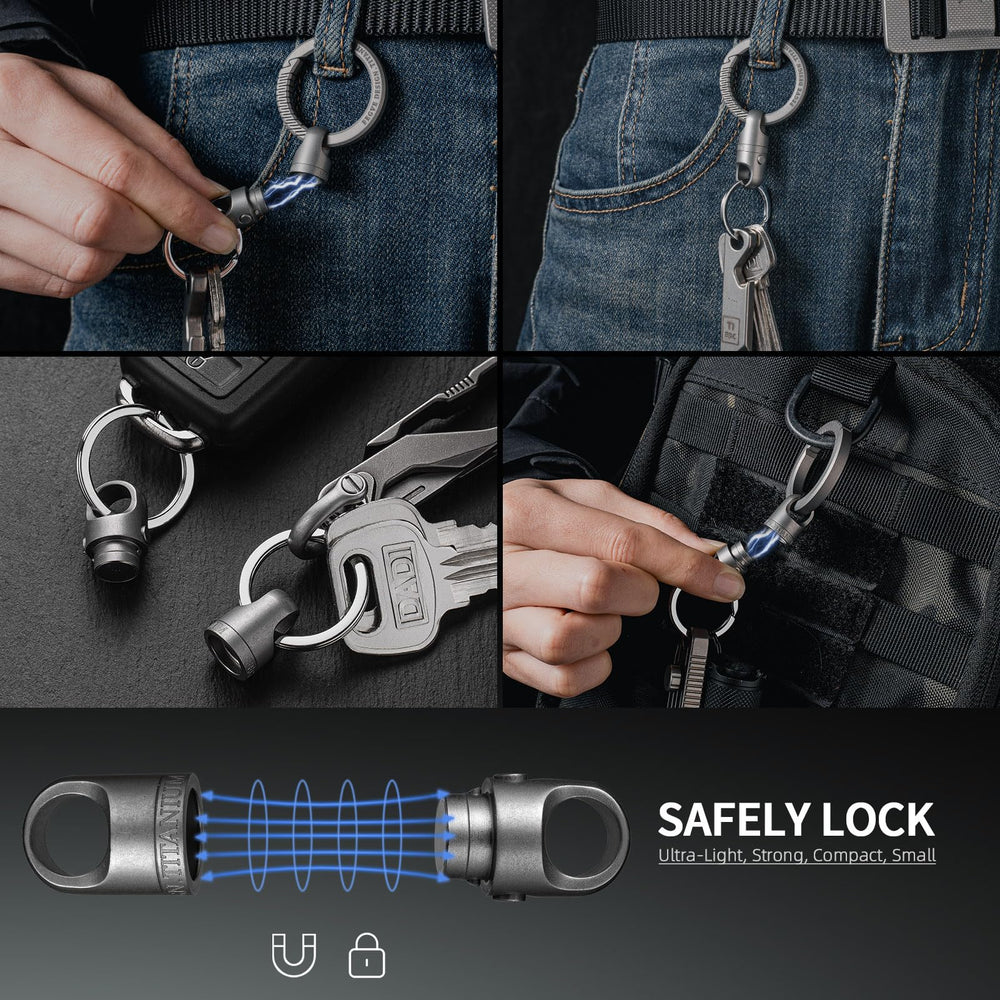 FEGVE packaging includes two titanium magnet keychains and four stainless rings for setups.