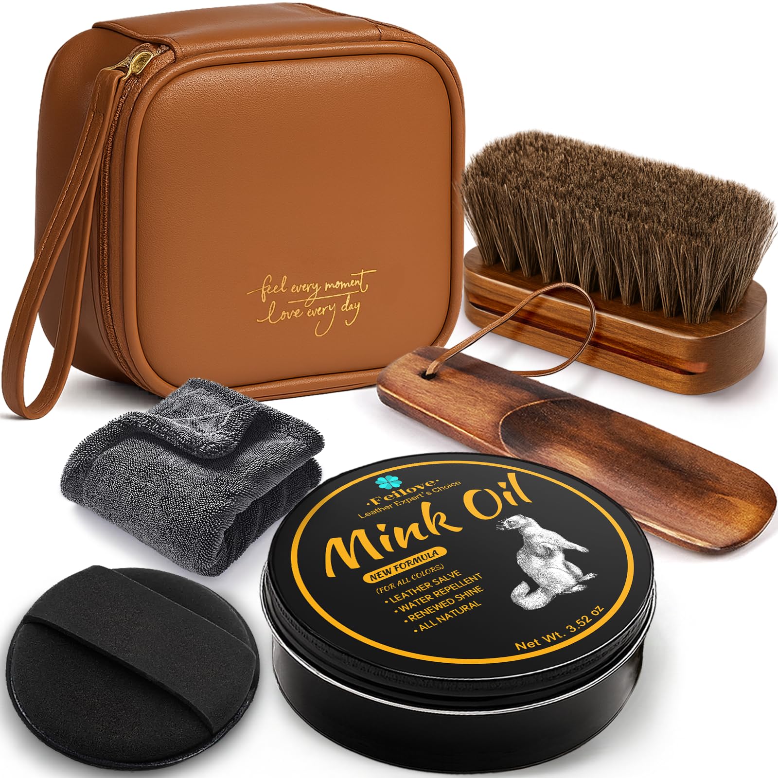 Feilove 6-in-1 mink oil bottle nourishes dry leather and restores suppleness.