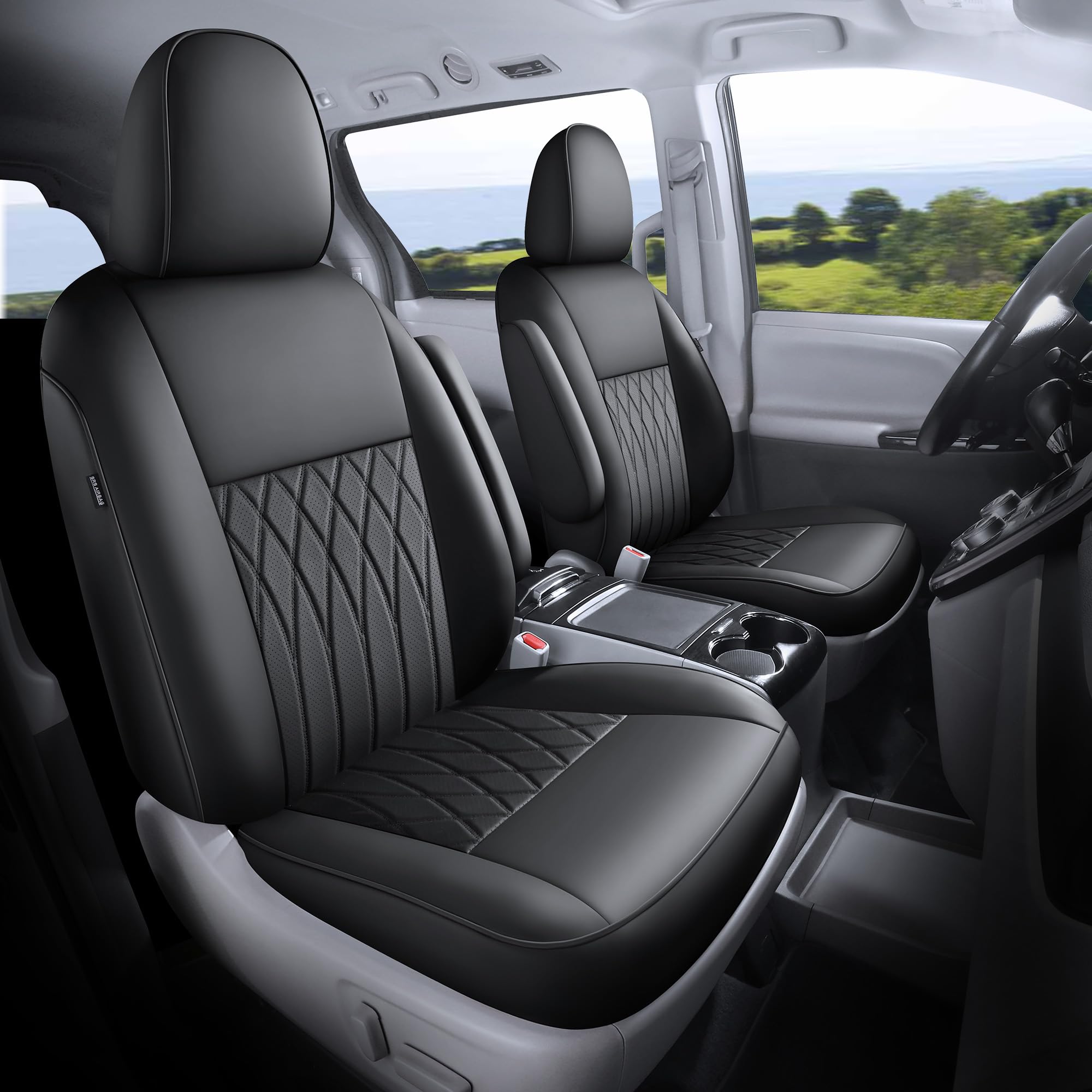 FEINEPRO Toyota Sienna front row seat cover showcases waterproof leather for spill protection.