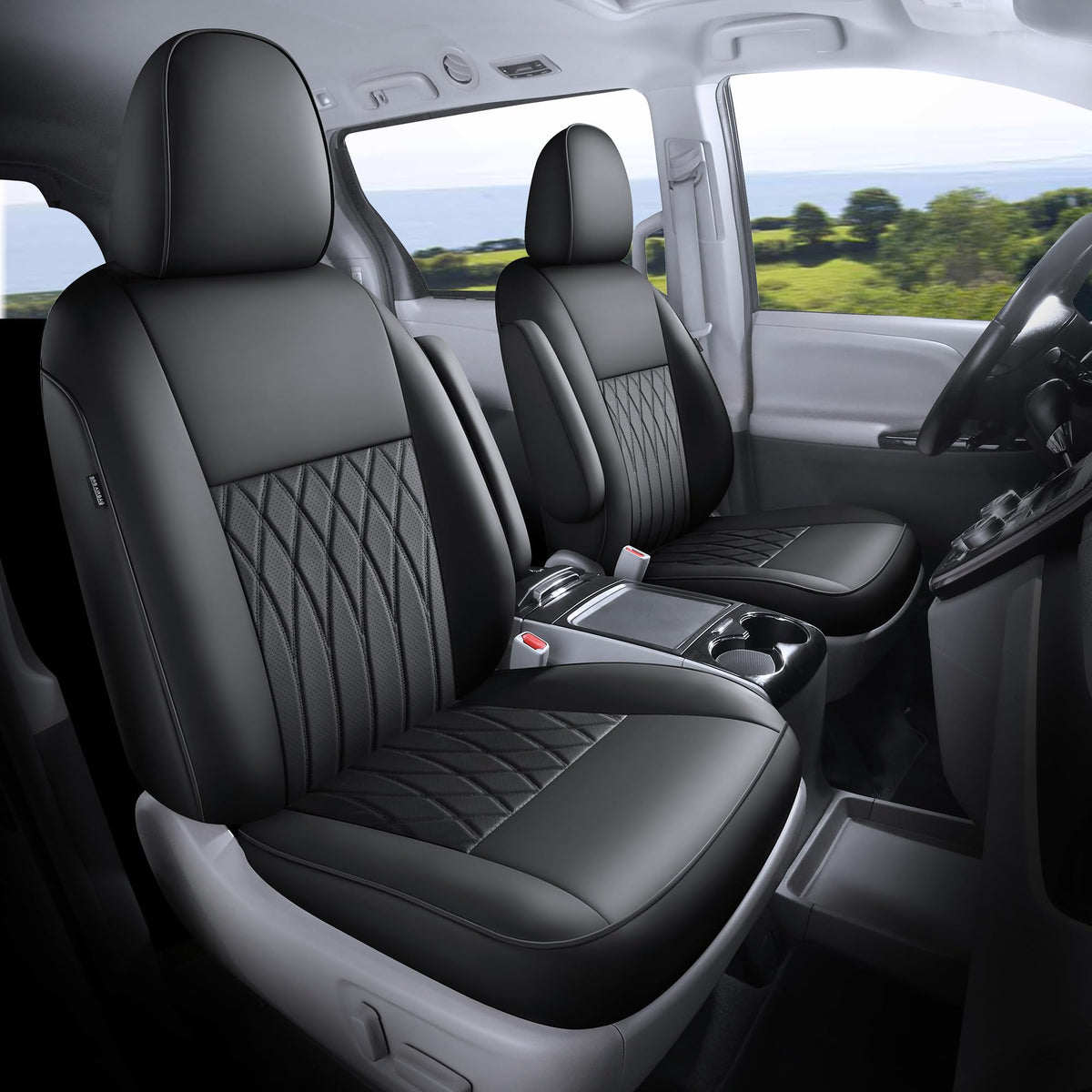 FEINEPRO Toyota Sienna front row seat cover showcases waterproof leather for spill protection.