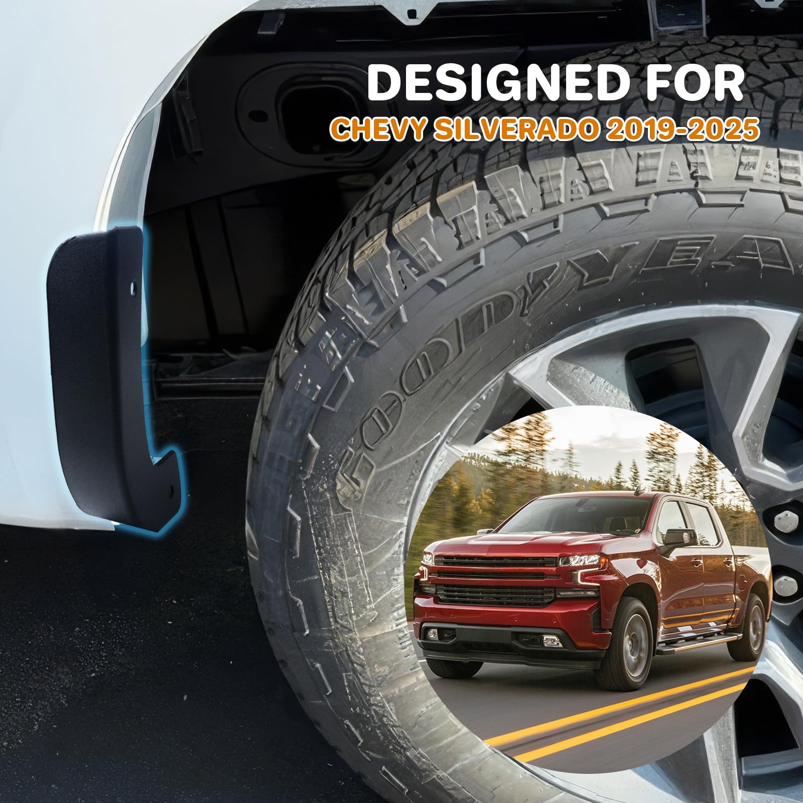 FEIQRAFT mud flap delete front right for Silverado—sleek look, no drilling required.