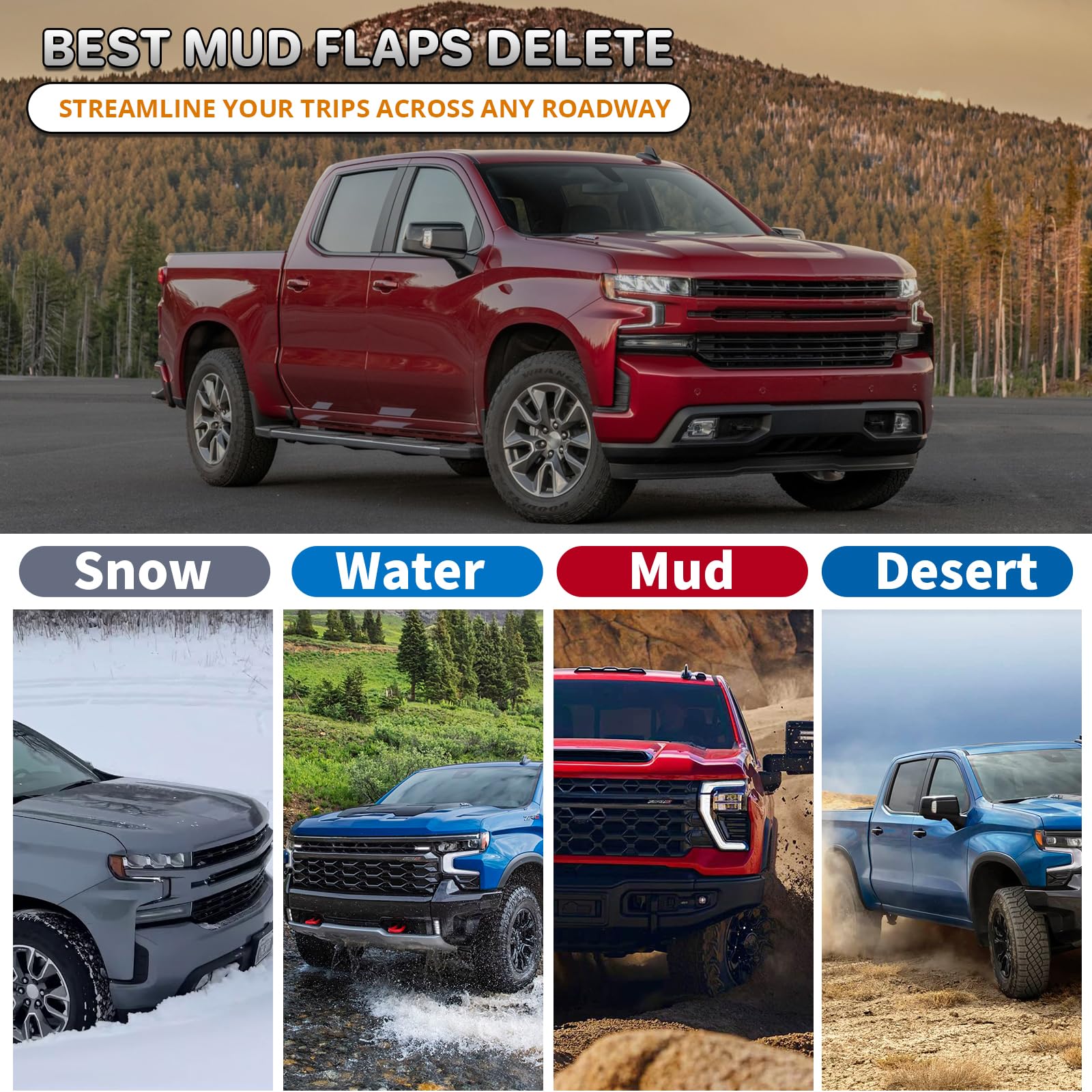 FEIQRAFT front/rear mud flap delete set—drill-free fit for 2019-2026 Silverado.