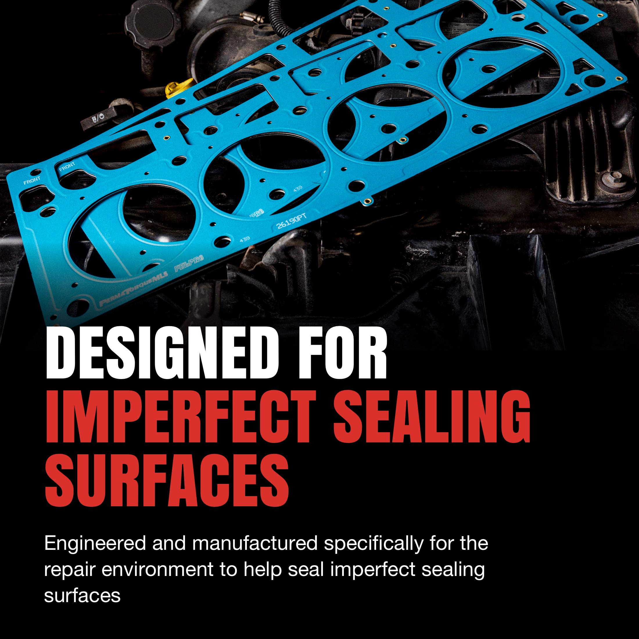 Fel-Pro 26191-PT proprietary coating detail demonstrates improved sealing on rough surfaces.
