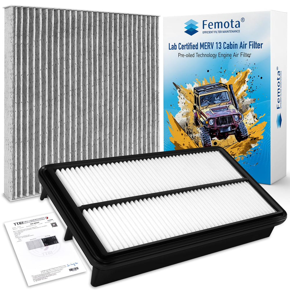 Femota cabin filter kit for Honda Odyssey shows MERV 13 media for cleaner cabin air.