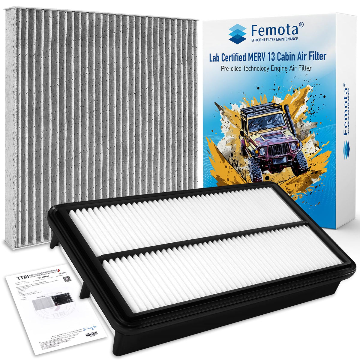 Femota cabin filter kit for Honda Odyssey shows MERV 13 media for cleaner cabin air.