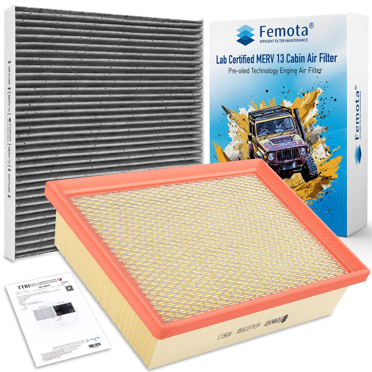 Femota cabin filter kit CF11183 packaging highlights MERV 13 media for cleaner cabin air.